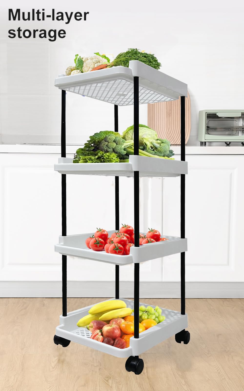 RAXON WORLD 4-Tier Rotating Kitchen Storage Organizer - White Plastic Round Vegetable & Fruit Basket for Onions, Spice Jars, Cutlery | Space-Saving Pantry & Countertop Organizer