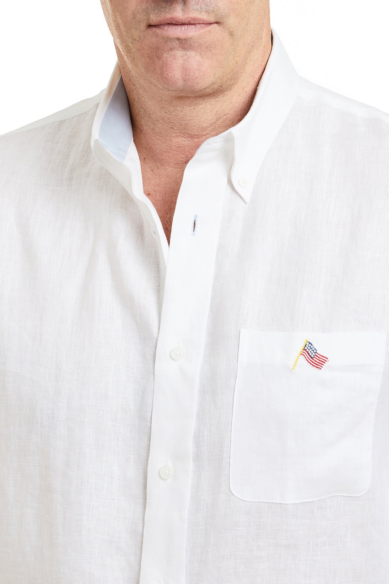 Men's Linen Chase Shirt - White with Powder Blue Trim & USA Flag Design - Perfect for Summer Outfits, Casual Wear, and Patriotic Events