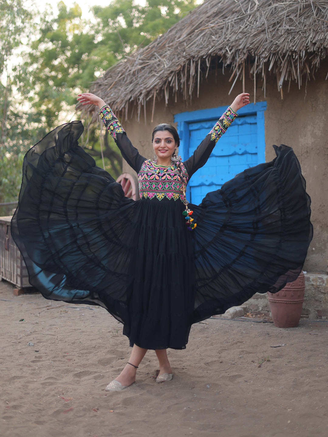 Premium Black Faux Blooming Gown with Embroidery for Navratri Festival - Perfect for Traditional Celebrations, Weddings & Cultural Events