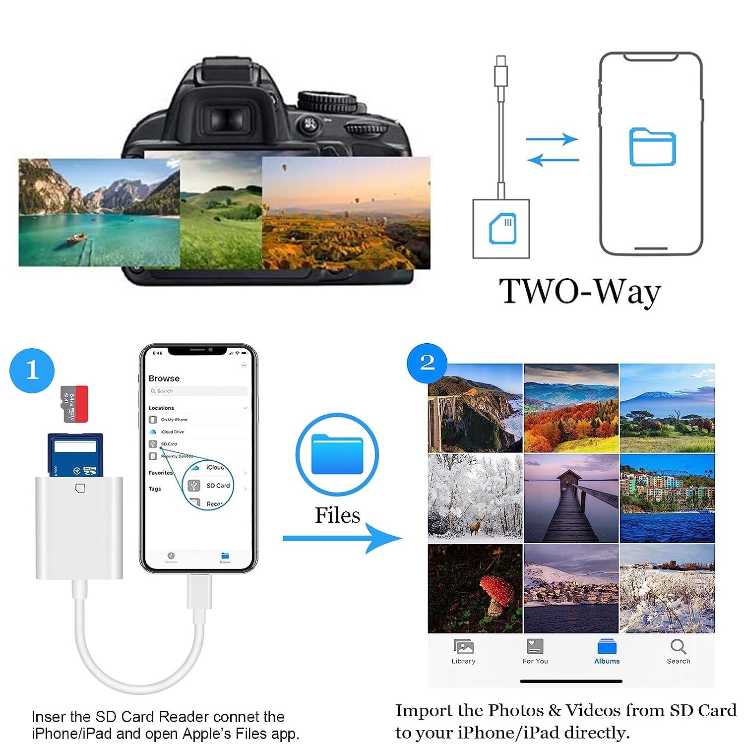Lightning to SD Card Reader for iPhone & iPad - Memory Card Adapter & Viewer for iPhone 14/13/12/11/X/XS/XR/8/7 & iPad - Plug & Play Camera SD Card Converter - Perfect for Photo Transfer, Travel & Professional Photography