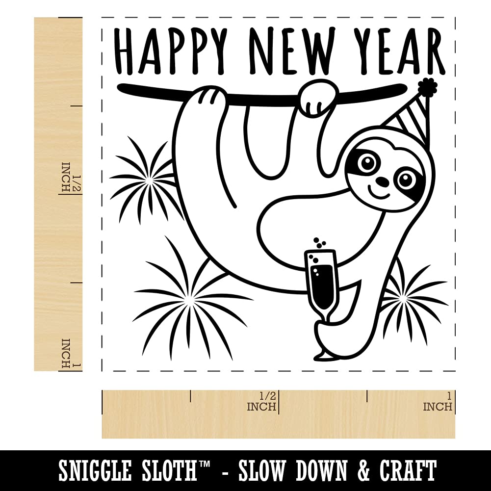 Happy New Year Sloth with Champagne Self-Inking Rubber Stamp - 1 Inch Small Stamp for Cards & Crafts - Blue Ink Stamper for DIY Scrapbooking & Party Invitations