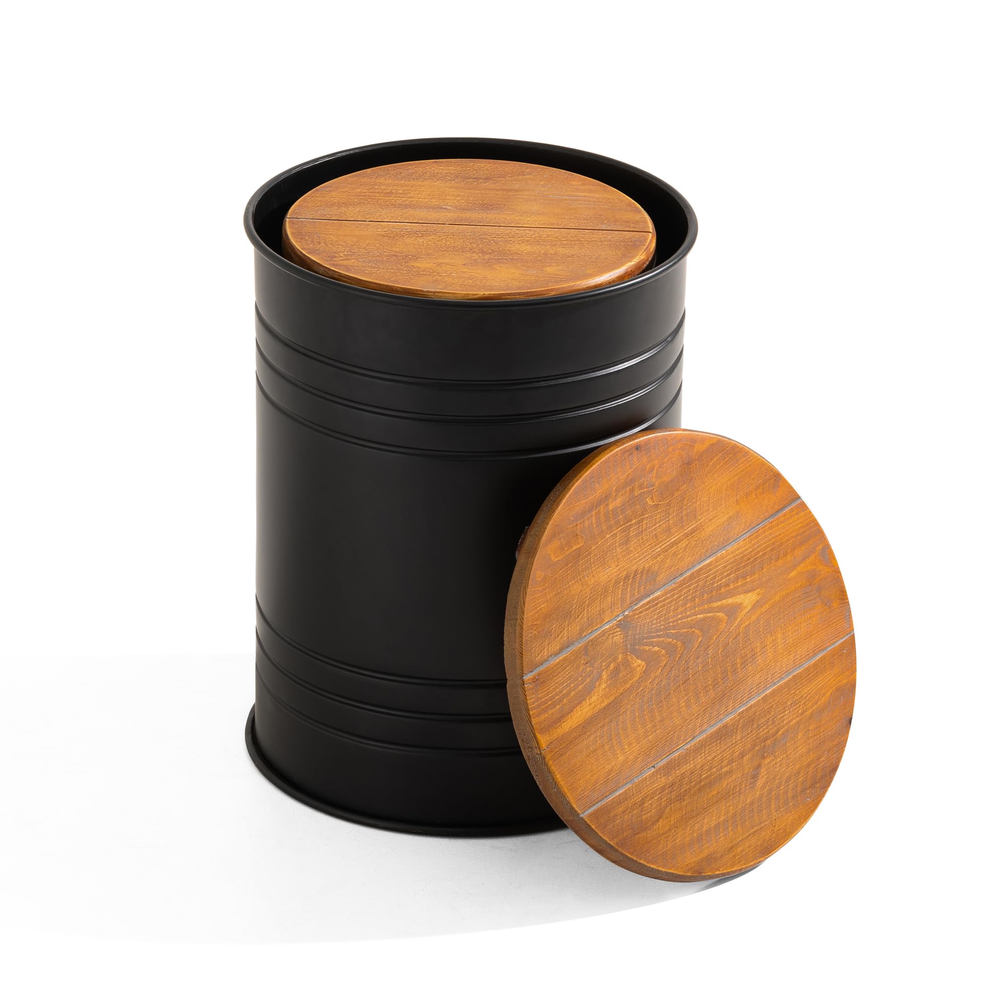 Glitzhome 2-Piece Farmhouse Nesting Tables with Storage Lids - Rustic Metal Barrel Side Tables for Living Room, Bedroom, Office - Black | Perfect for Small Spaces & Home Decor Accents