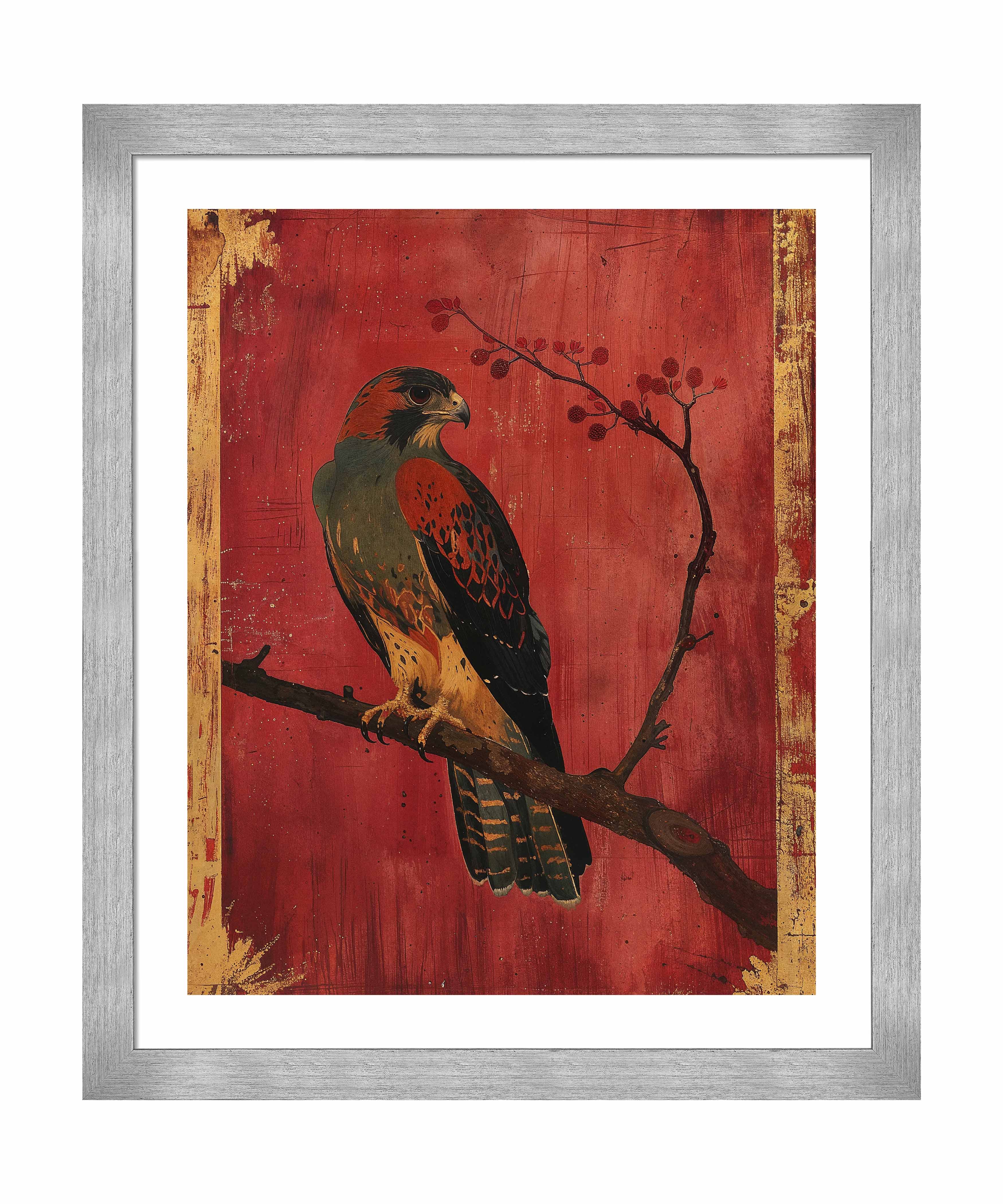 Crimson Majesty Falcon of the Silk Road Art Prints - Elegant Wall Decor for Living Room, Bedroom & Office | Historical Silk Road Inspired Artwork
