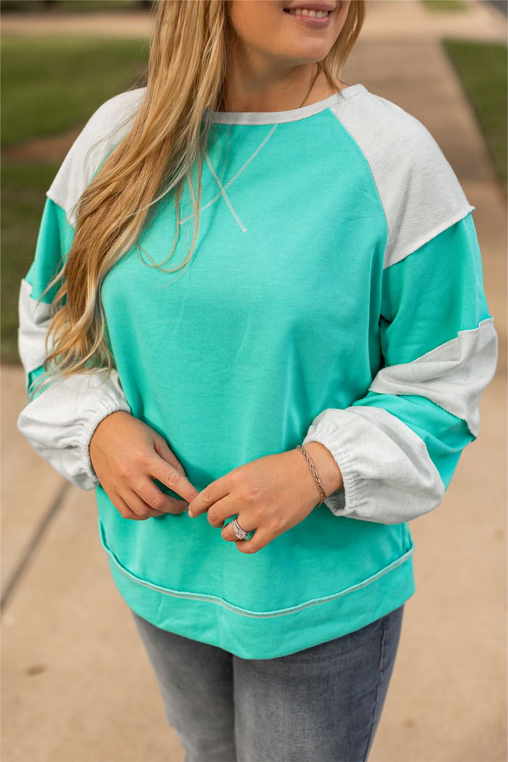 Aruba Blue Patchwork Plus Size Sweatshirt for Women - Cozy Oversized Pullover for Casual Wear & Loungewear