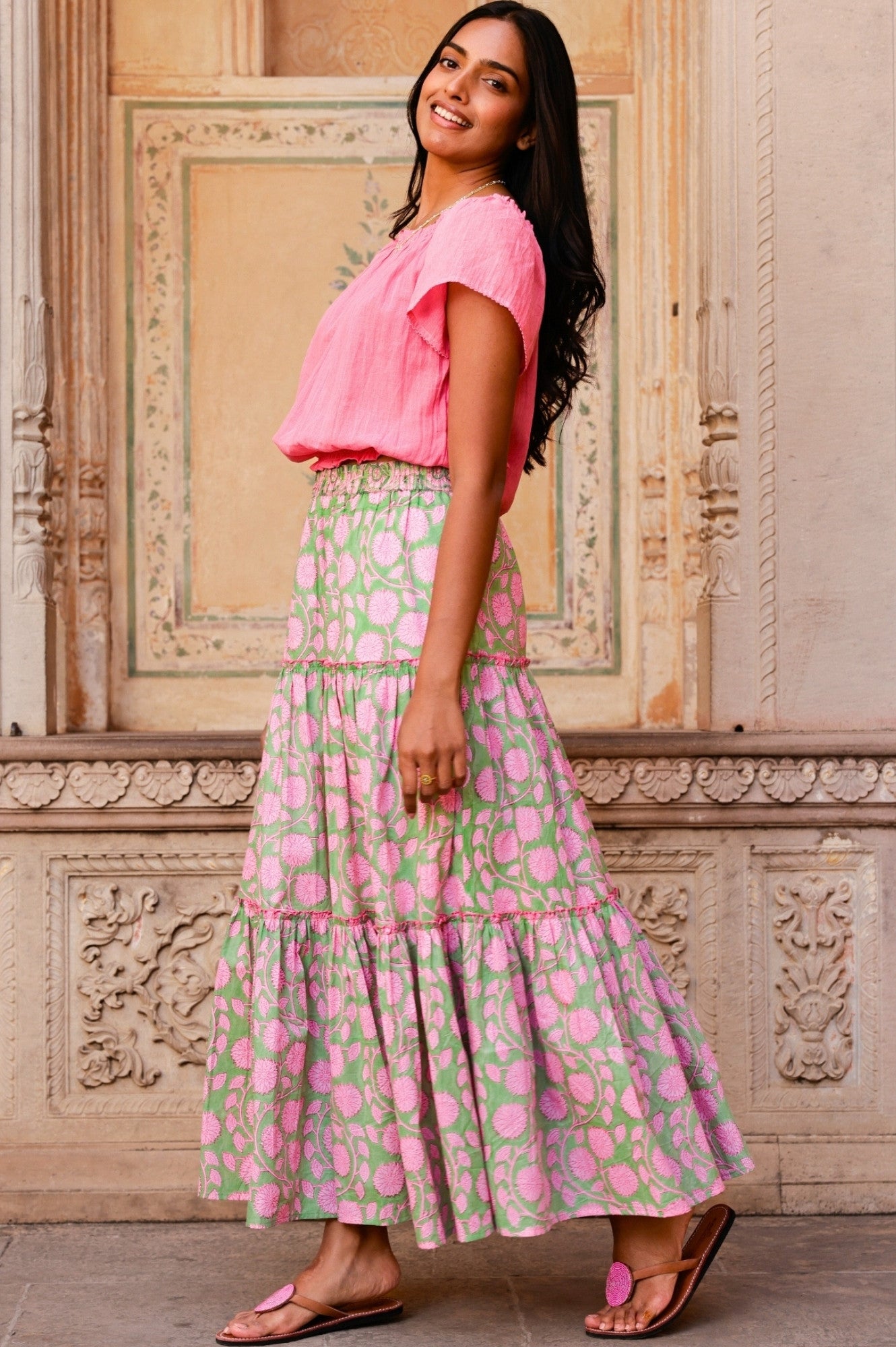 Becks Organic Cotton Block Print Skirt - Handmade Floral Design, Comfortable & Breathable | Mara Green & Pink | Perfect for Summer Outfits, Beach Vacations & Boho Fashion