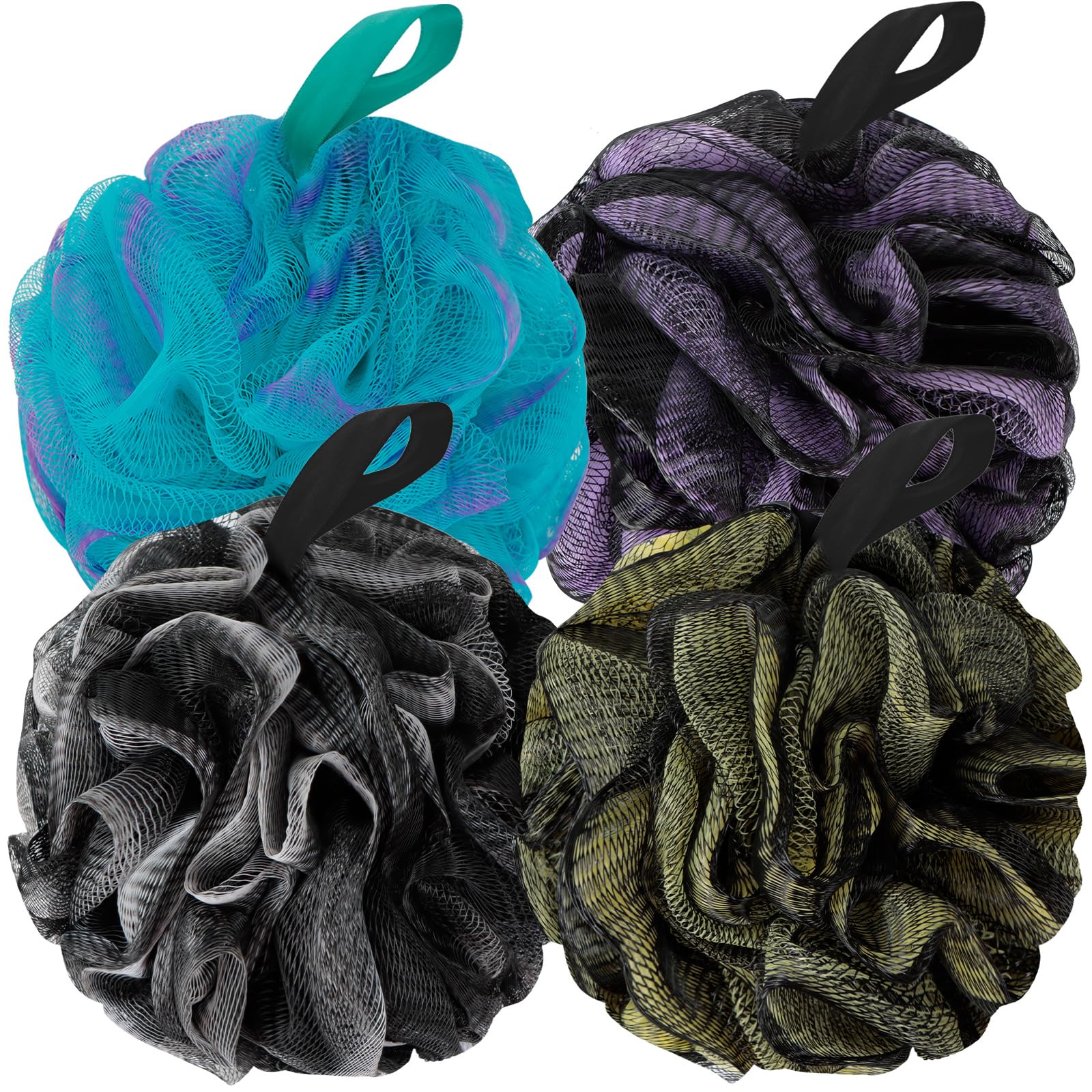 Exfoliating Loofah Sponge for Shower & Bath - Soft Mesh Body Scrubber for Women & Men - Pack of 4 (60g Each) - Perfect for Deep Cleansing, Dead Skin Removal & Spa-Like Experience at Home - Dark Elf Color