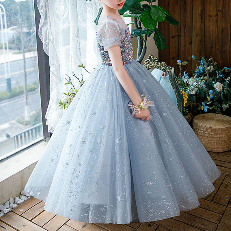 Elegant Blue Puff Sleeve Sequined Mesh Flower Girl Princess Dress for Baby Girls | Toddler Pageant Dresses | Perfect for Weddings, Birthday Parties & Special Occasions
