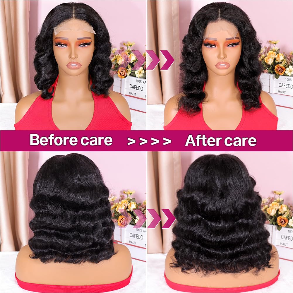 BOB Wig Human Hair 5X5 HD Lace Closure Wig - 200% Density Body Wave Glueless Wigs for Black Women | Pre-Plucked 14 Inch Wear & Go Bob Wig | Perfect for Daily Wear, Parties & Special Occasions