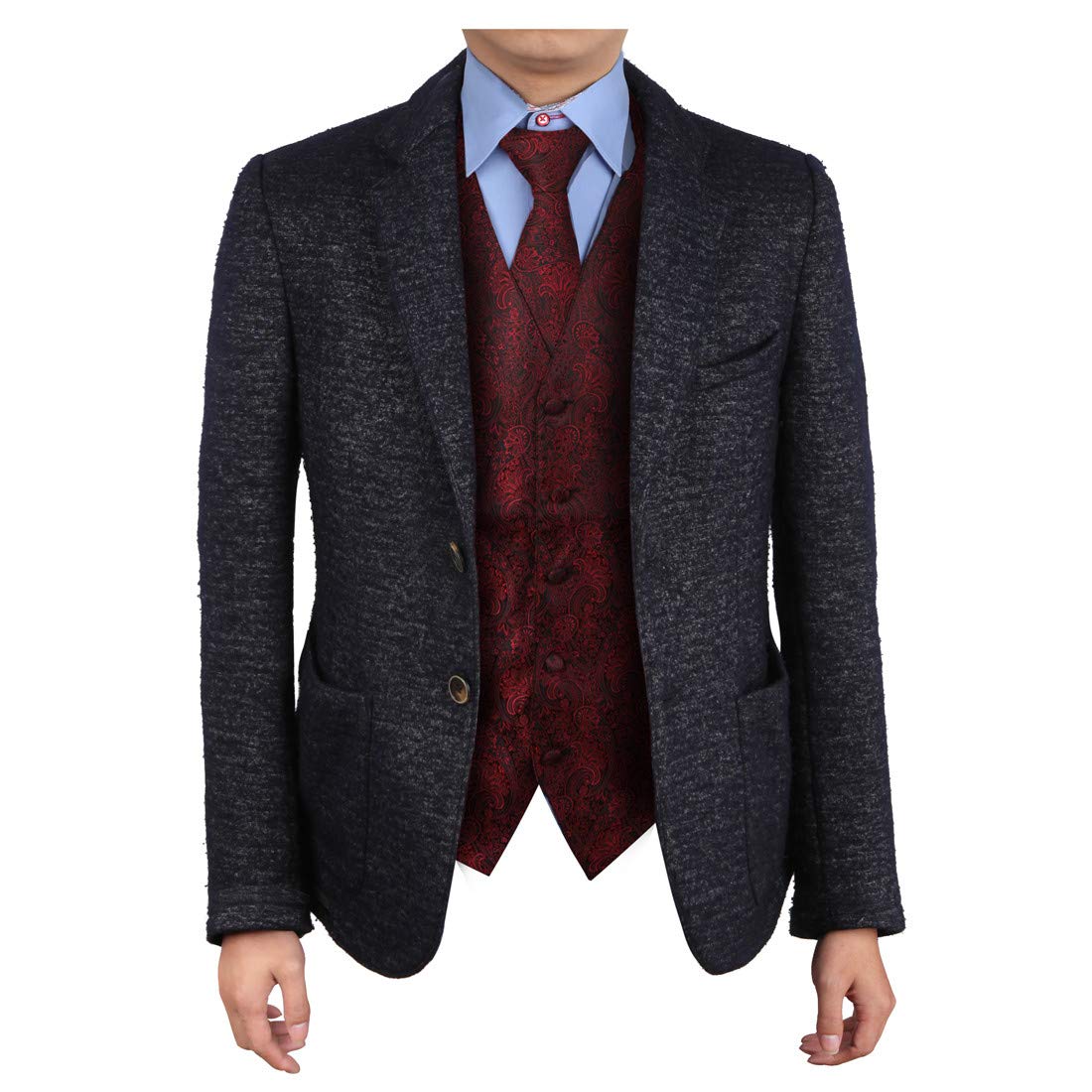 Epoint Men's Formal Tuxedo Vest & Neck Tie Set - Stylish Paisley Microfiber Dress Vest for Weddings, Prom & Business Events - Black & White Matching Tie & Waistcoat Outfit