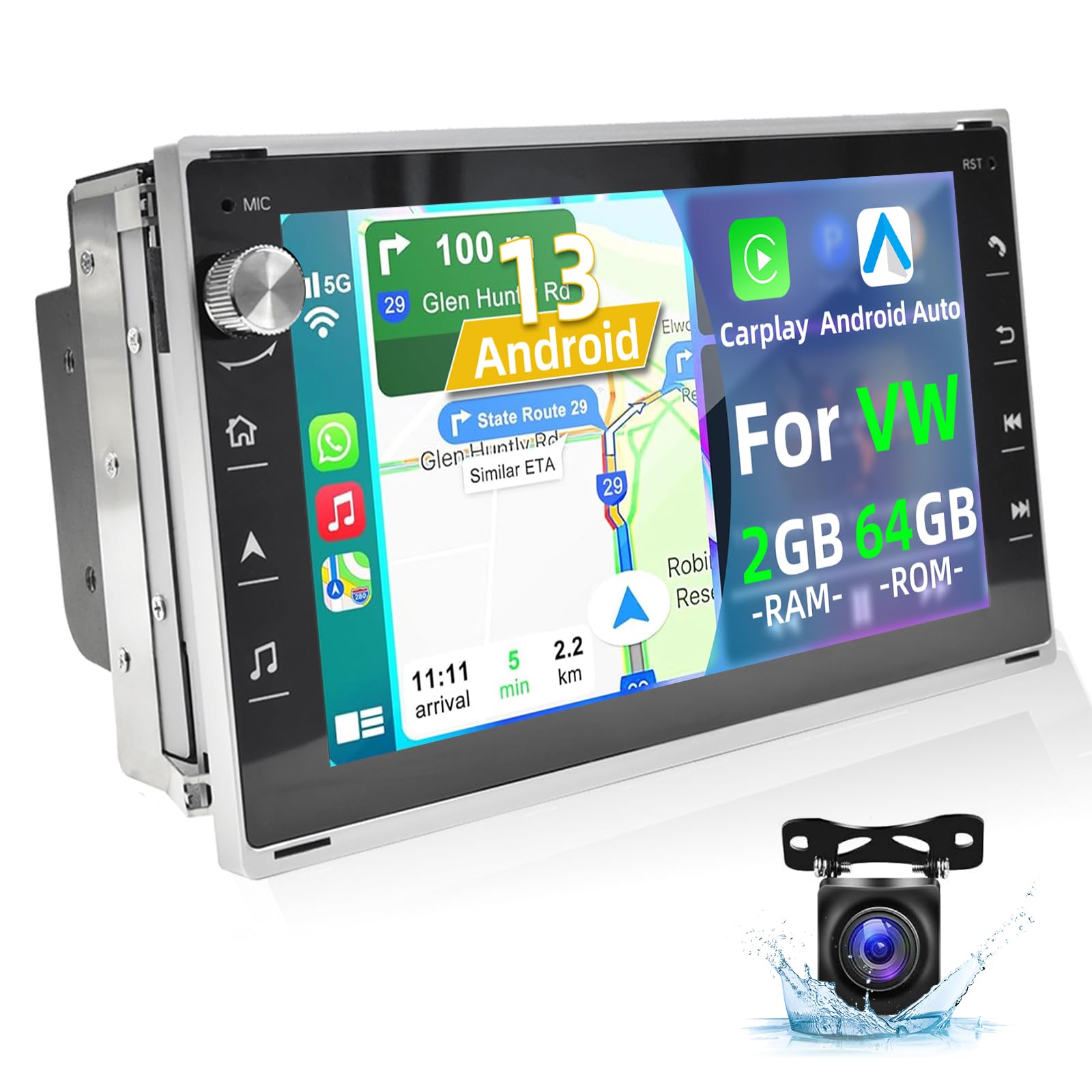 NHOPEEW 2+64GB Android Car Stereo for VW Bora Polo Passat MK5 Golf Transporte - 7 Inch 2.5D HD Touchscreen with CarPlay & Android Auto - WiFi GPS Bluetooth - Backup Camera & Mic Included - Perfect for Commuting & Road Trips