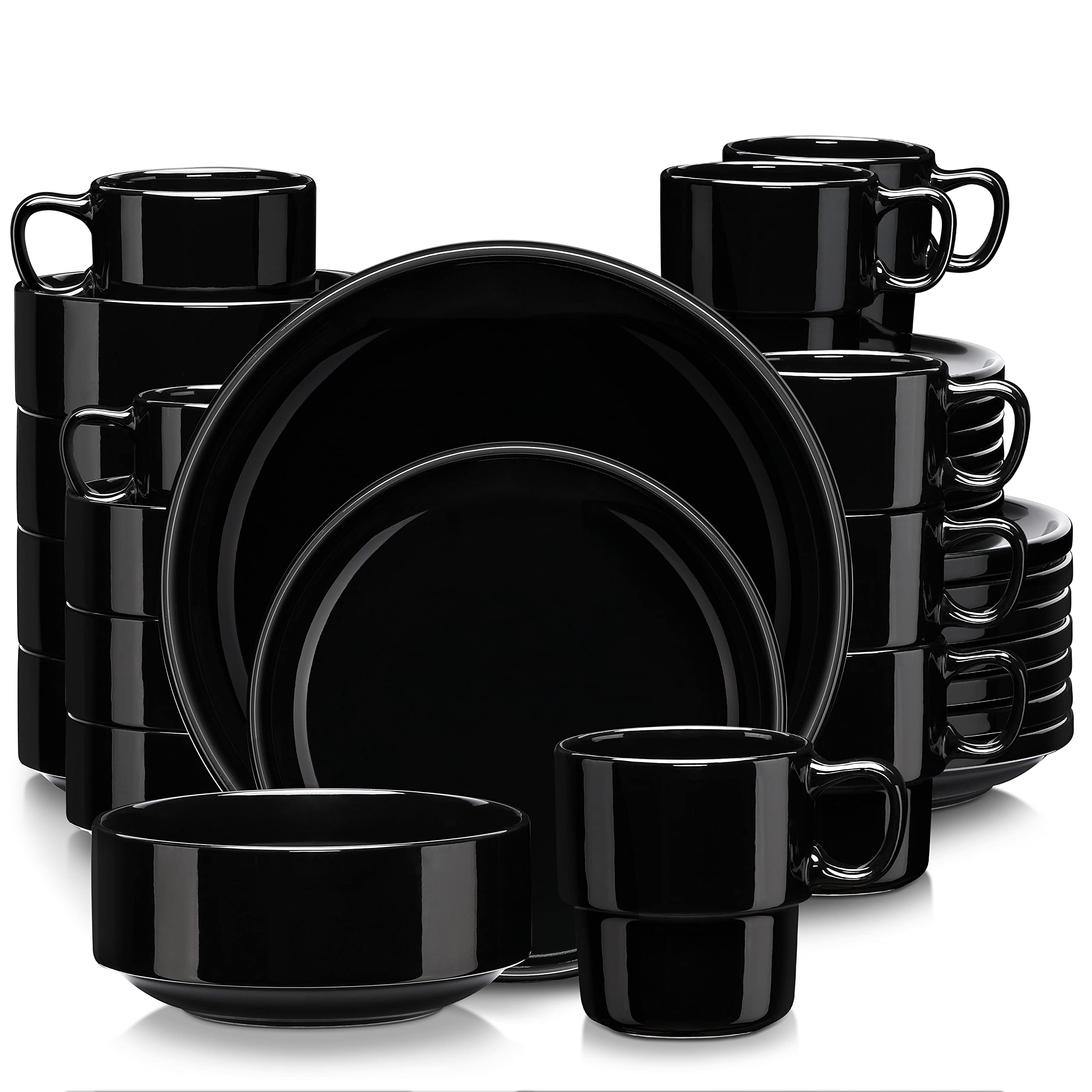 LOVECASA 32-Piece Black Dinnerware Set for 8 - Round Plates, Bowls, Mugs & Dessert Plates | Dishwasher & Microwave Safe | Perfect for Family Dinners, Parties & Restaurant Use