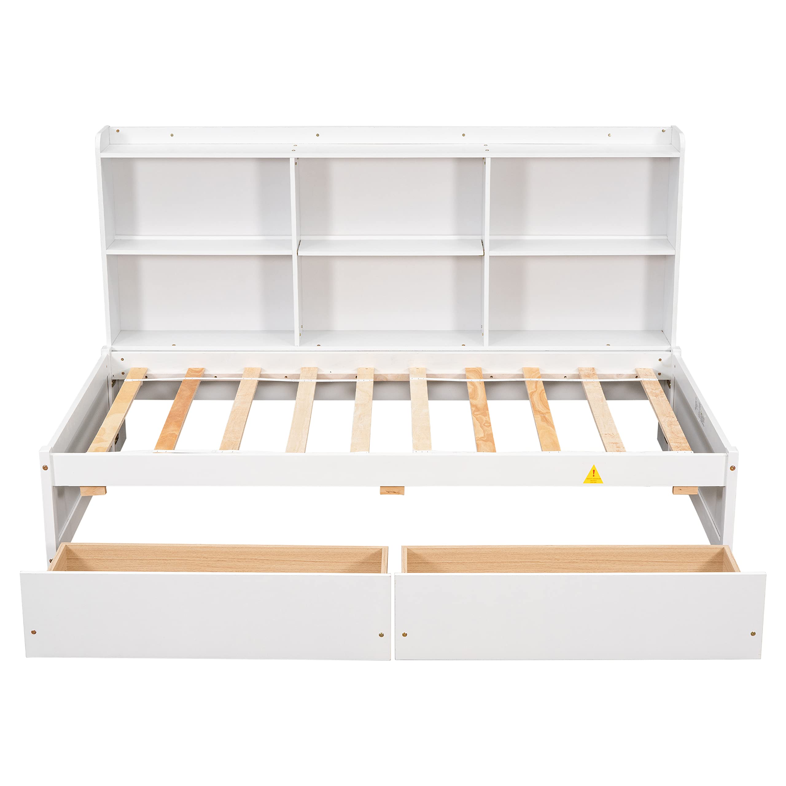 Stylish Solid Wood Platform Bed with Built-in Bookcase & 2 Storage Drawers - Twin Size, White/Pine Finish - Perfect for Small Bedrooms, Studio Apartments & Space-Saving Solutions