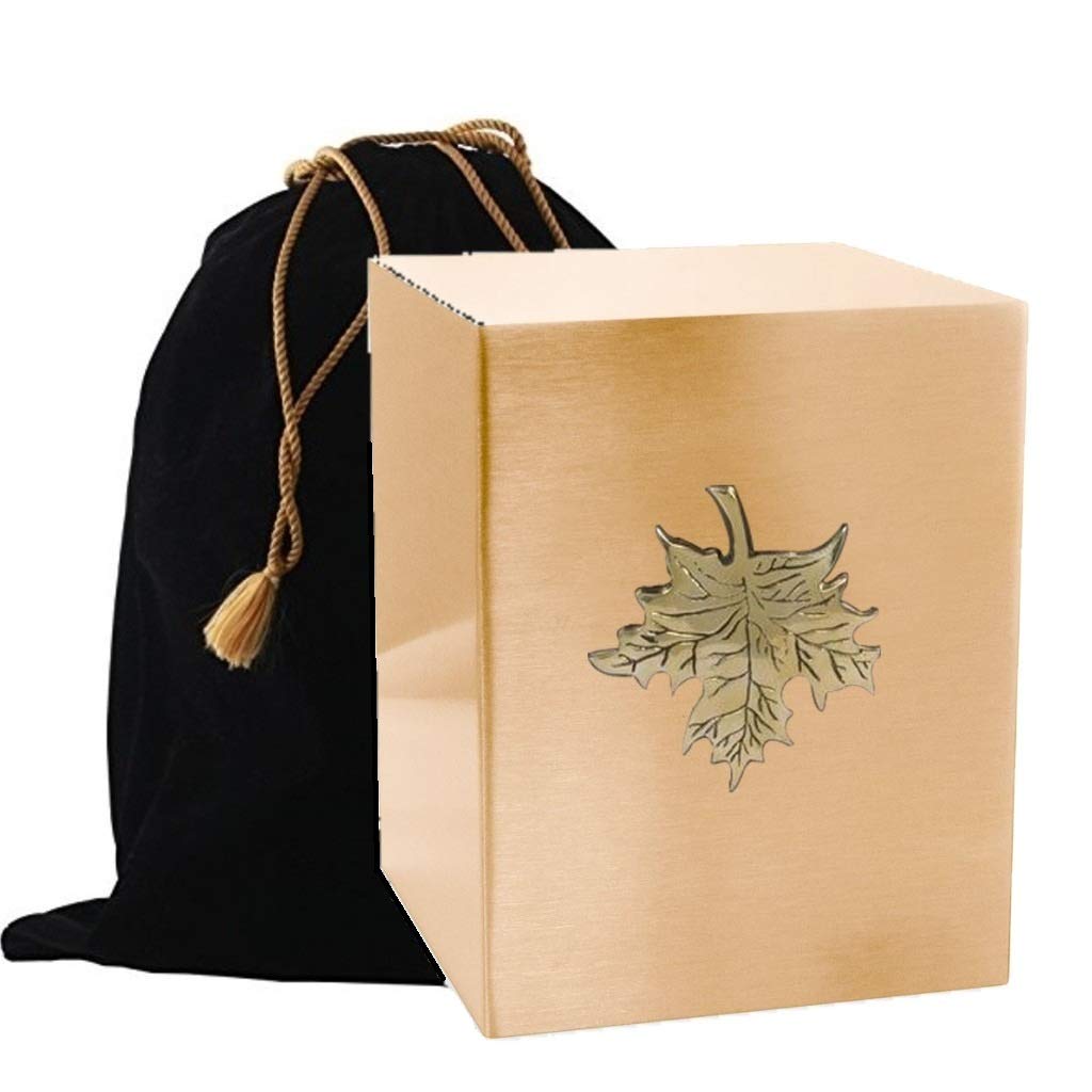 Handcrafted Custom Gold Applique Adult Cremation Urn Box - Metal Ashes Keepsake for Funeral & Memorial - Free Storage Bag Included (Maple Leaf Design) - Perfect for Home Altars, Scattering Ceremonies & Family Remembrance