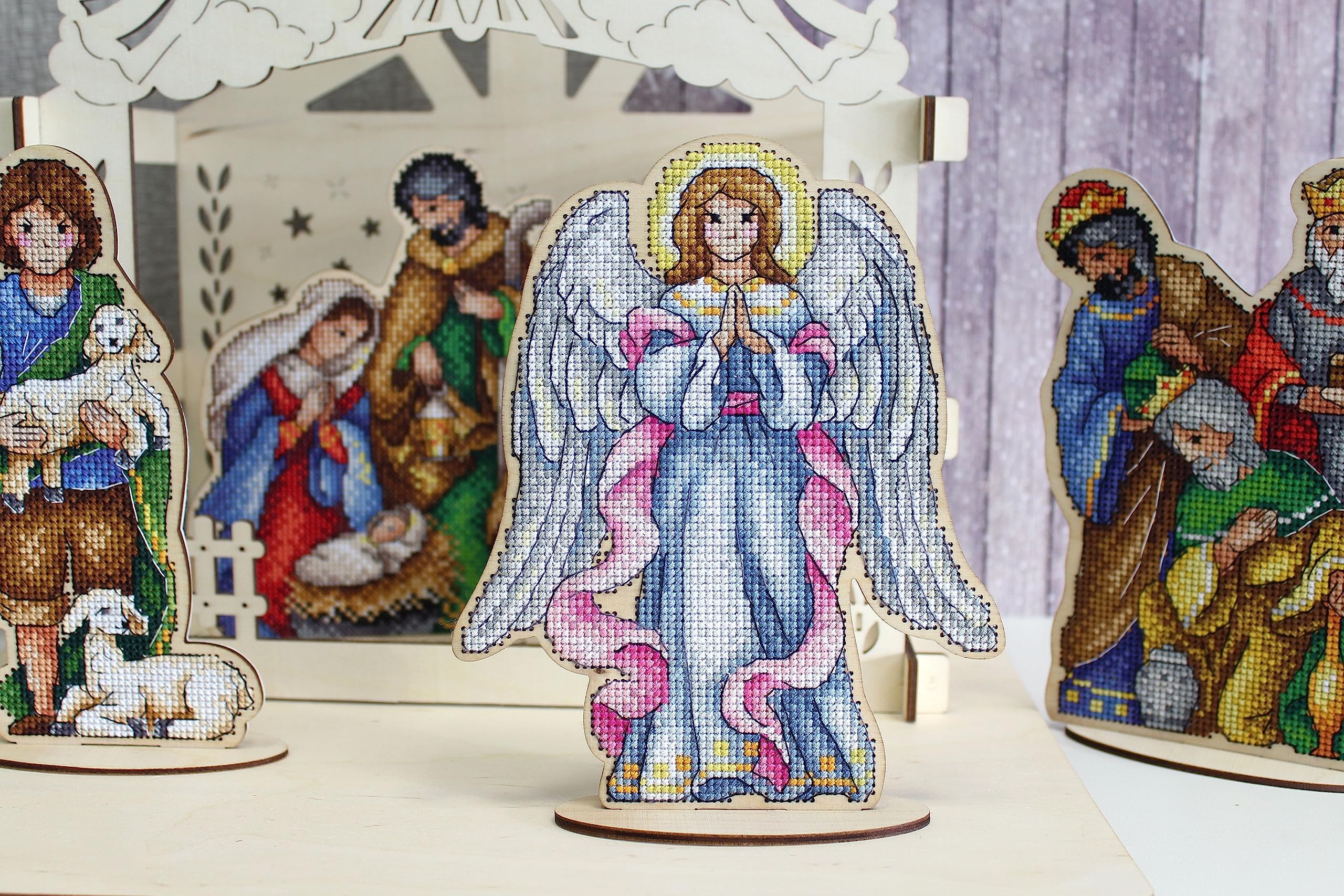 Christmas Angel Cross Stitch Kit on Wood Base - Bible Nativity Scene for Home Decor