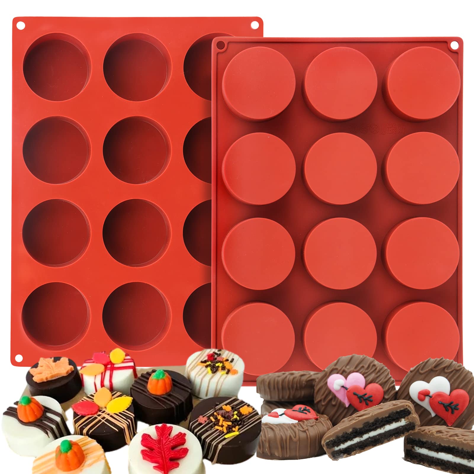 12-Cavity Round Silicone Chocolate Cookie Molds for Baking Sandwich Cookies, Muffins, Cupcakes, Brownies, Cakes & Puddings - Perfect for Home Baking, Party Treats and Holiday Desserts