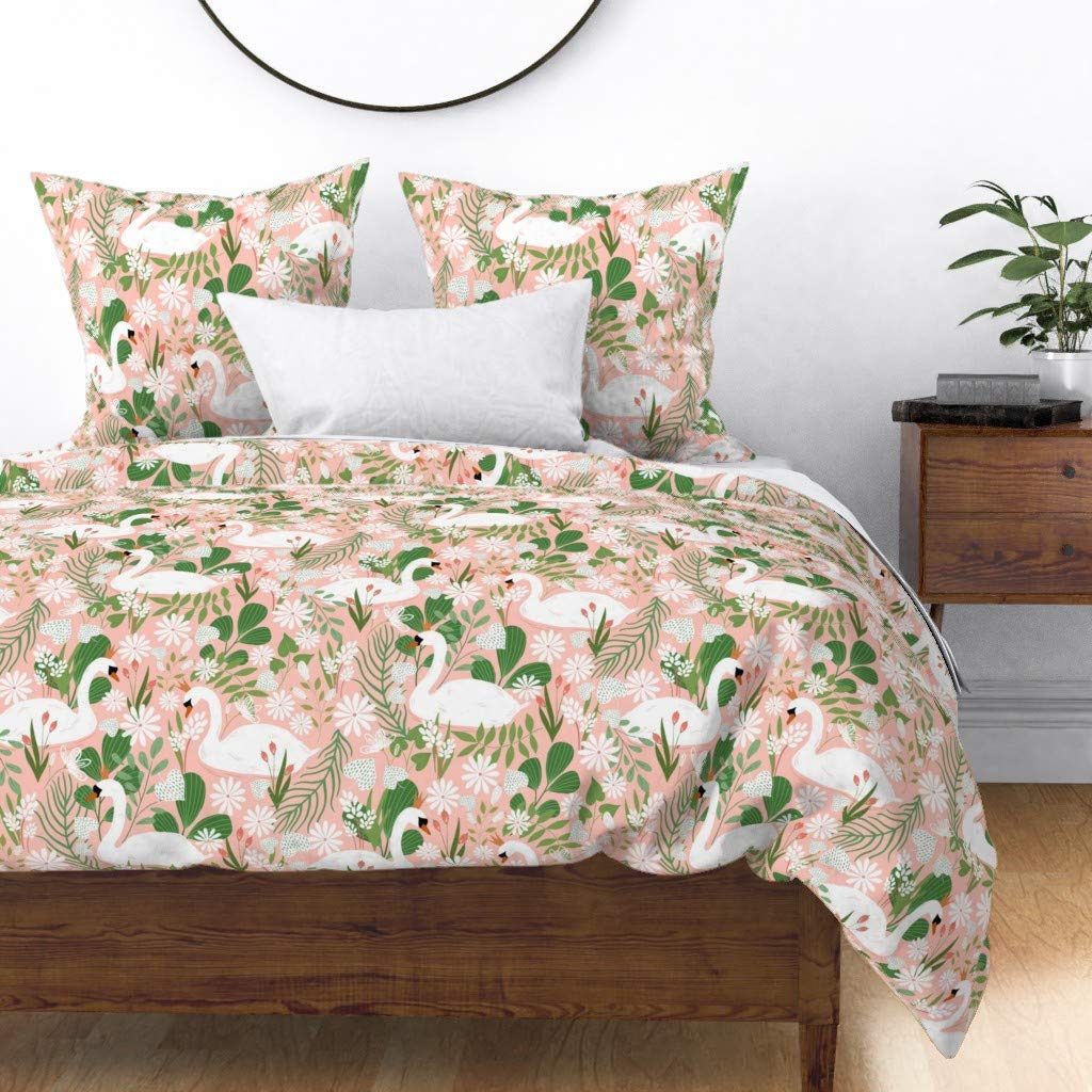 Swan Princess Pink Bird Girl Cotton Sateen Duvet Cover King/California King - Whimsical Boho Lake Print Custom Bedding for Girls Room, Spring Home Decor & Cozy Bedroom Upgrade