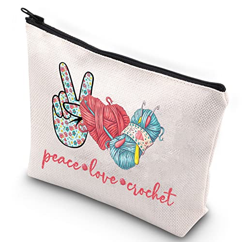 Crochet Makeup Bag for Women - WZMPA Peace Love Cosmetic Pouch with Zipper, Cute Crocheting Gift for Girls & Teens | Perfect for Travel, Gym & Everyday Use