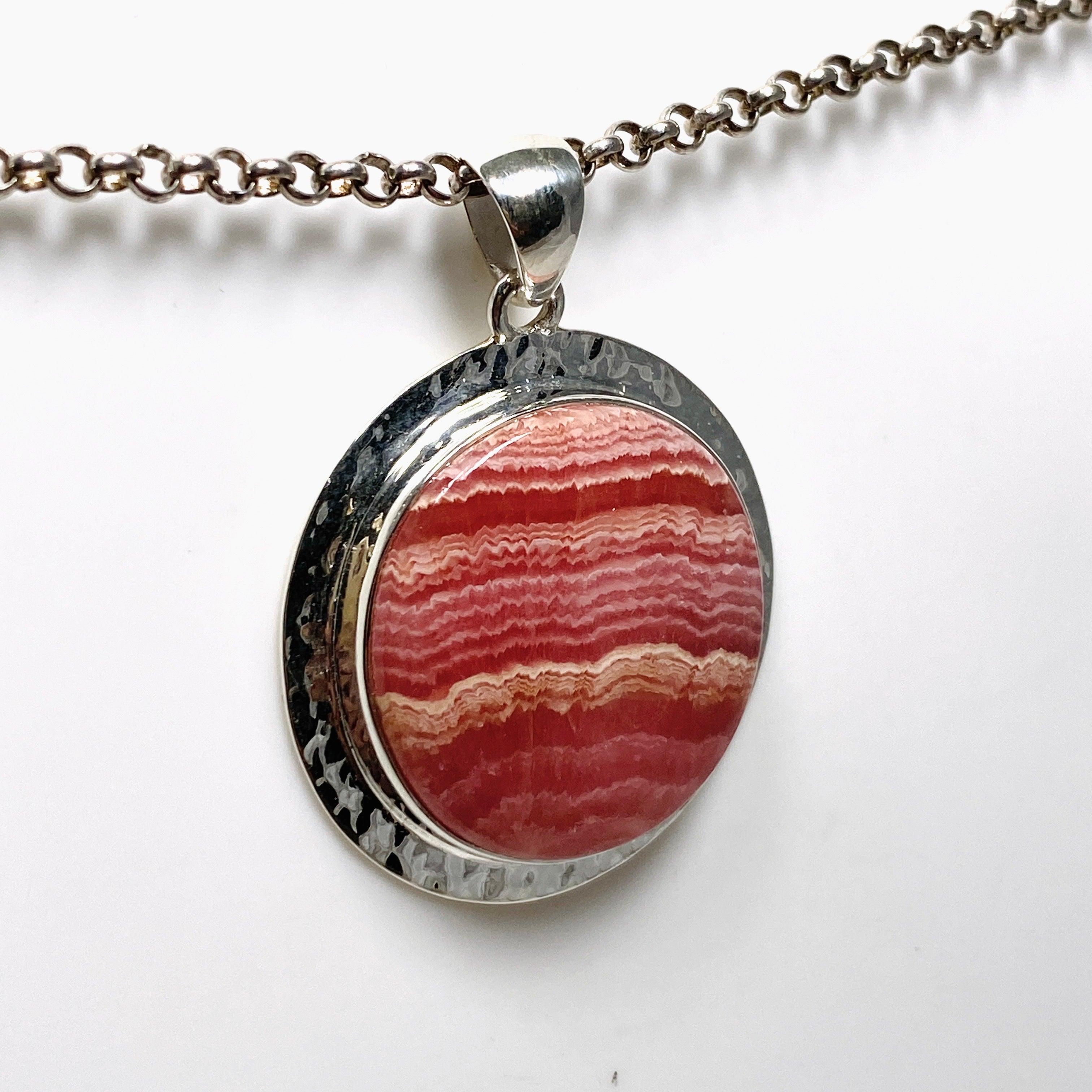 Rhodochrosite Round Pendant Necklace - Hammered Sterling Silver Setting KPGJ4321 | Healing Crystal Jewelry for Meditation & Energy Balancing