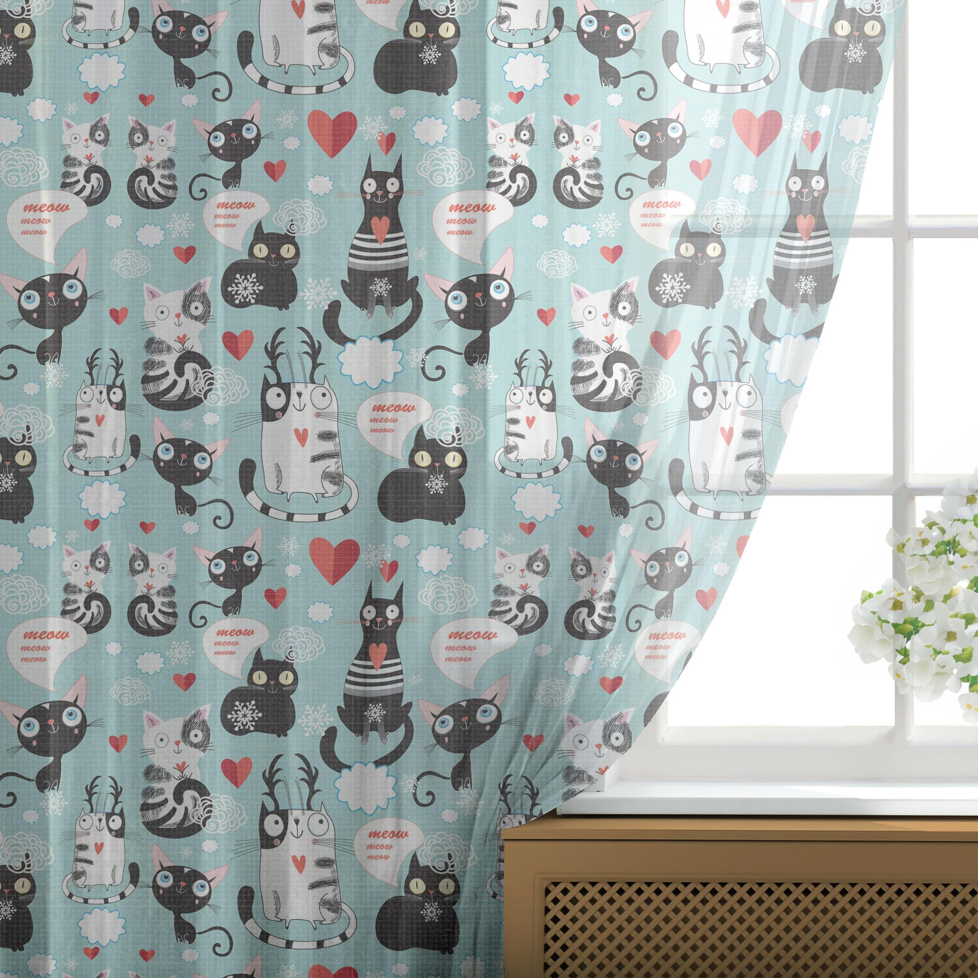 Ambesonne Cat Lover Tulle Curtains - Black & White Cat Couple Print with Hearts & Meow Design, Sheer Window Drapes with Rod Pocket (2 Panels, 108x84 Inches, Multicolor) - Perfect for Bedroom, Living Room, Wedding & Party Decor