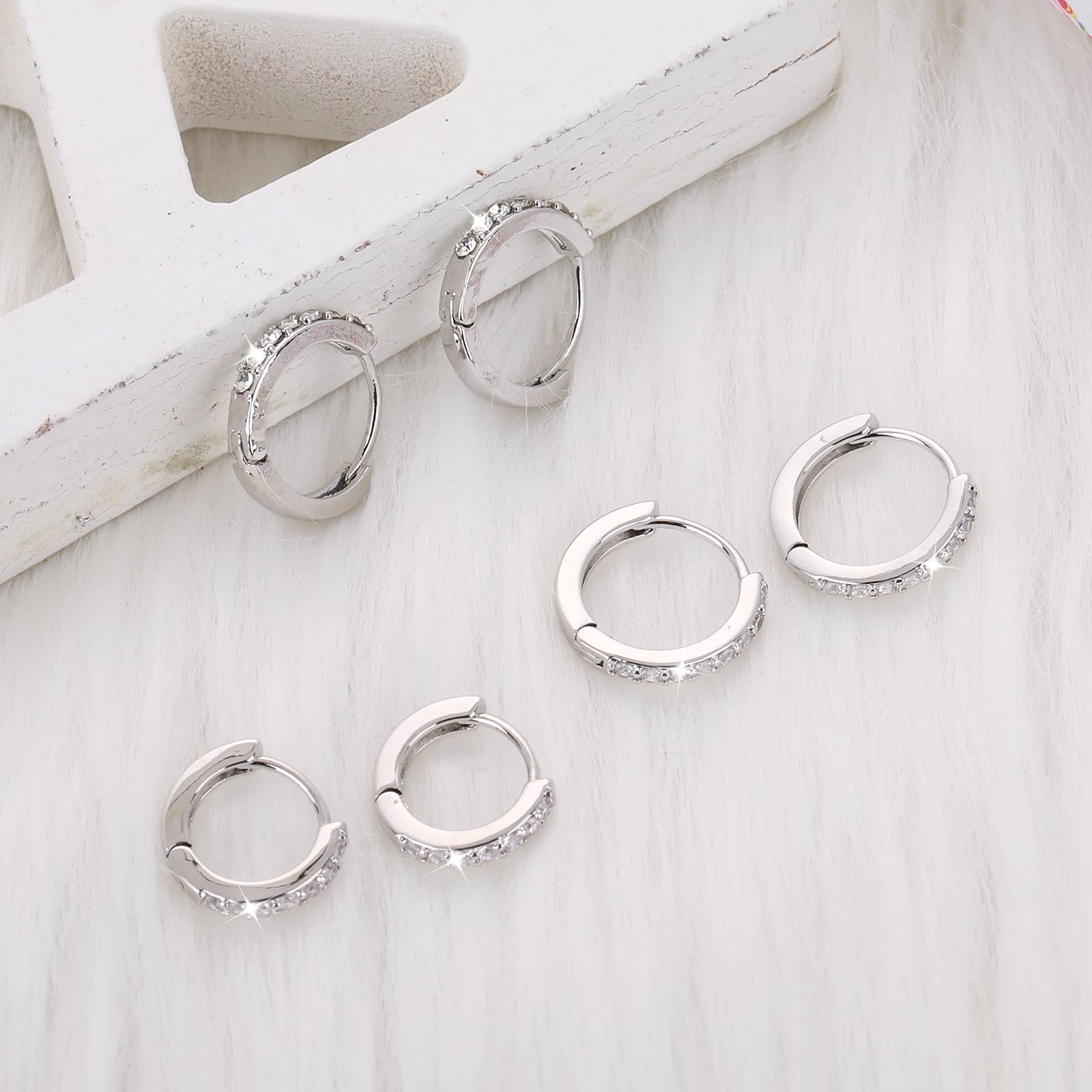 Lusofie 3 Pairs Small Silver Hoop Earrings with Rhinestones - 8mm 10mm 12mm Sterling Silver Hoops for Women, Girls & Men - Perfect for Everyday Wear, Parties & Gifts