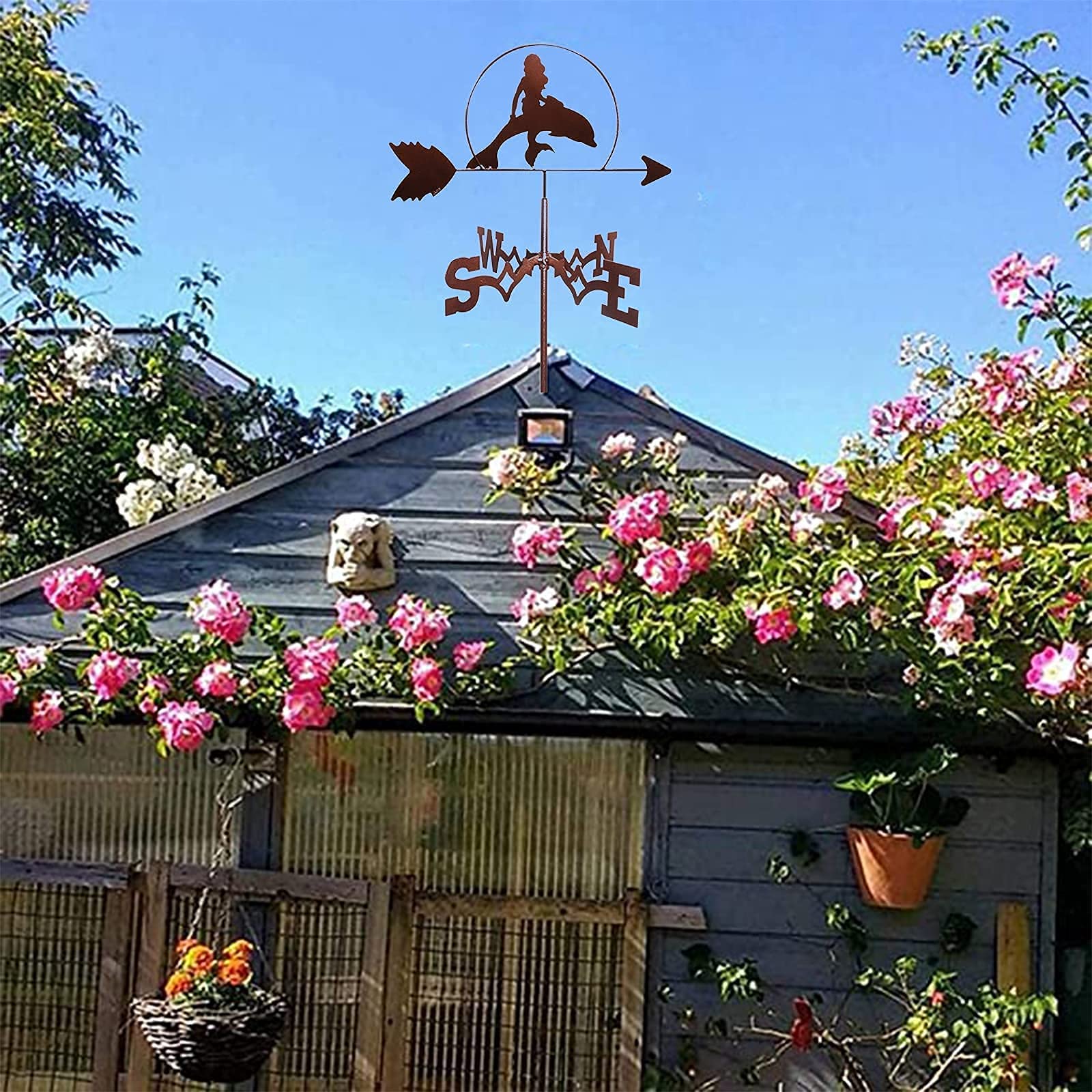 Cast Iron Mermaid & Dolphin Weathervane - Heavy Duty Outdoor Wind Direction Indicator for Garden, Roof, or Yard - Perfect for Coastal & Nautical Themed Decor