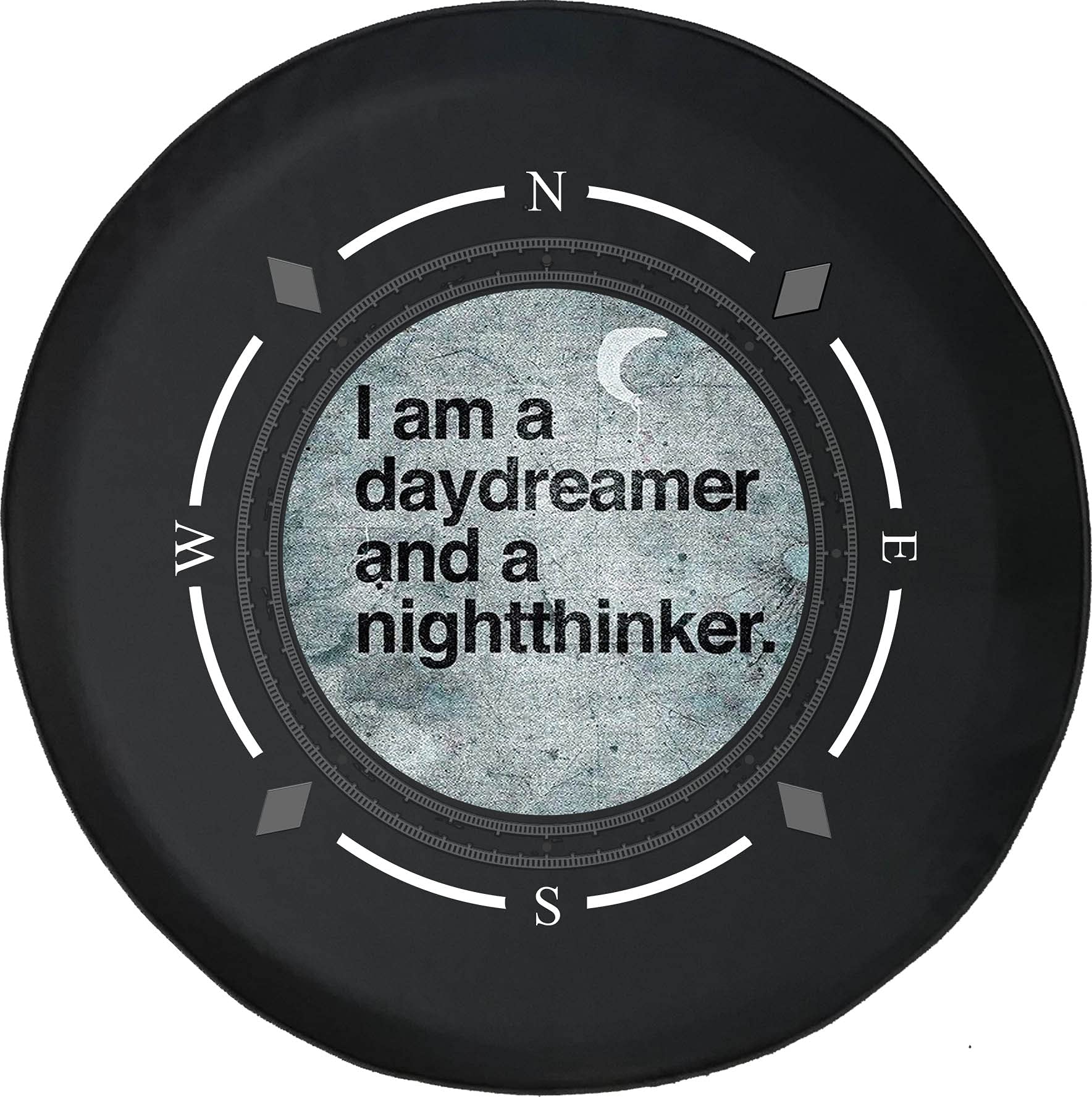 American Unlimited Spare Tire Cover with Compass Design - Day Dreamer & Night Thinker Moon Stars Pattern - Universal Fit for SUV, Trailer, RV & Most Vehicles - Perfect for Road Trips & Outdoor Adventures