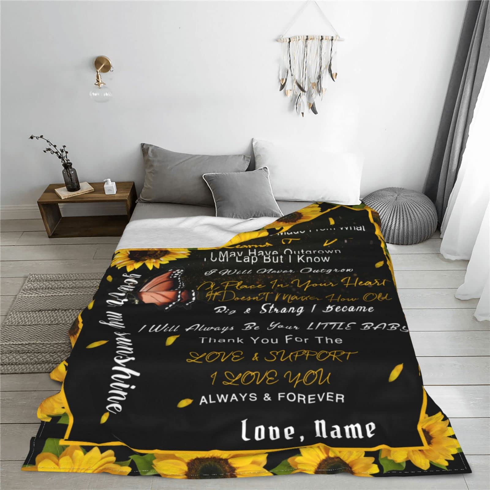 Personalized Custom Name Blanket - Love Letter to Mom from Son & Daughter - Butterfly & Sunflower Design - 40x50 Inches Bed Throw - Perfect Gift for Mother's Day, Birthday & Christmas