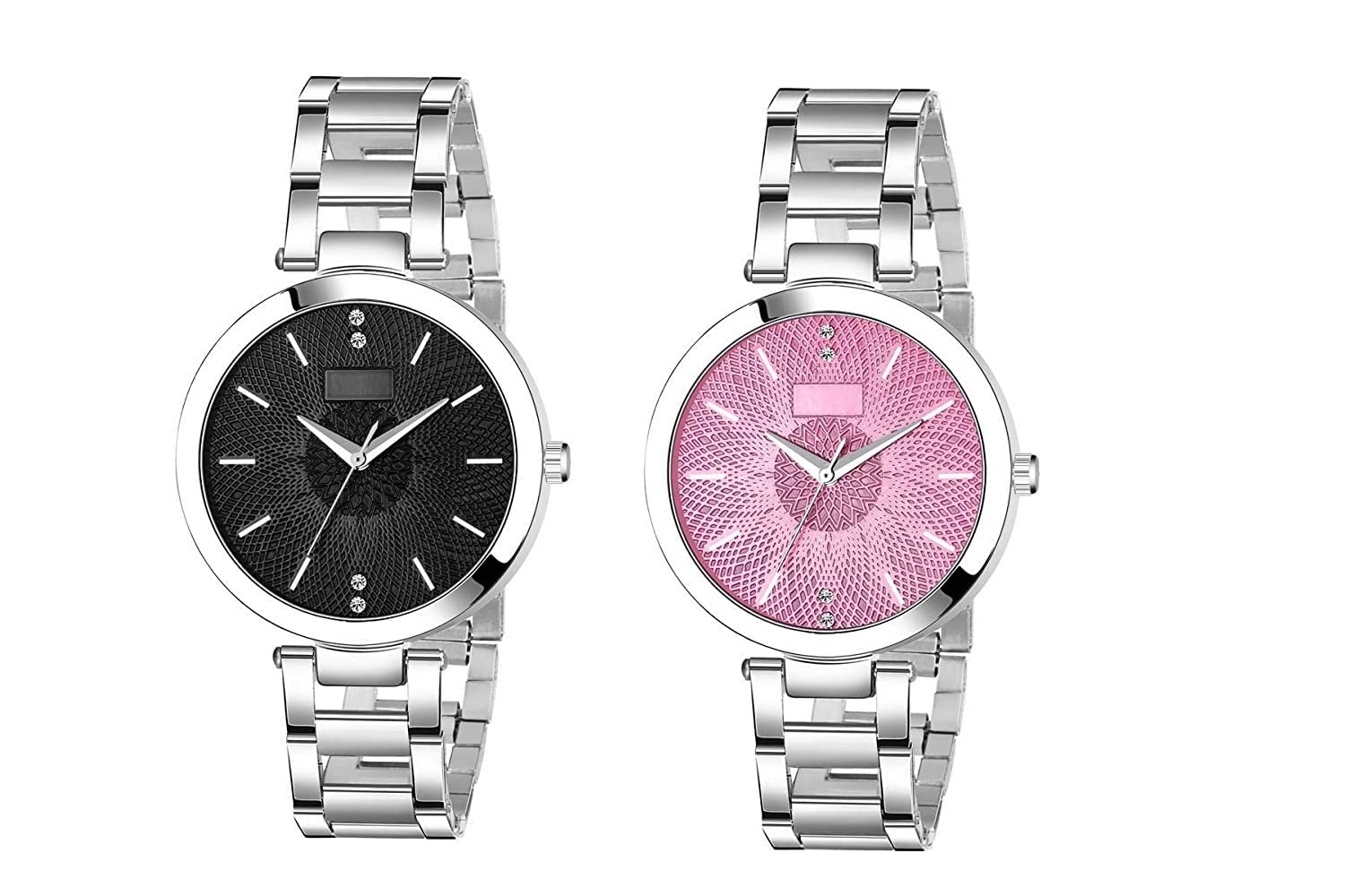 Elegant Analog Watch Set for Women & Girls - Round Dial Stainless Steel Band (Black & Pink) - Perfect for Everyday Wear, Office & Special Occasions