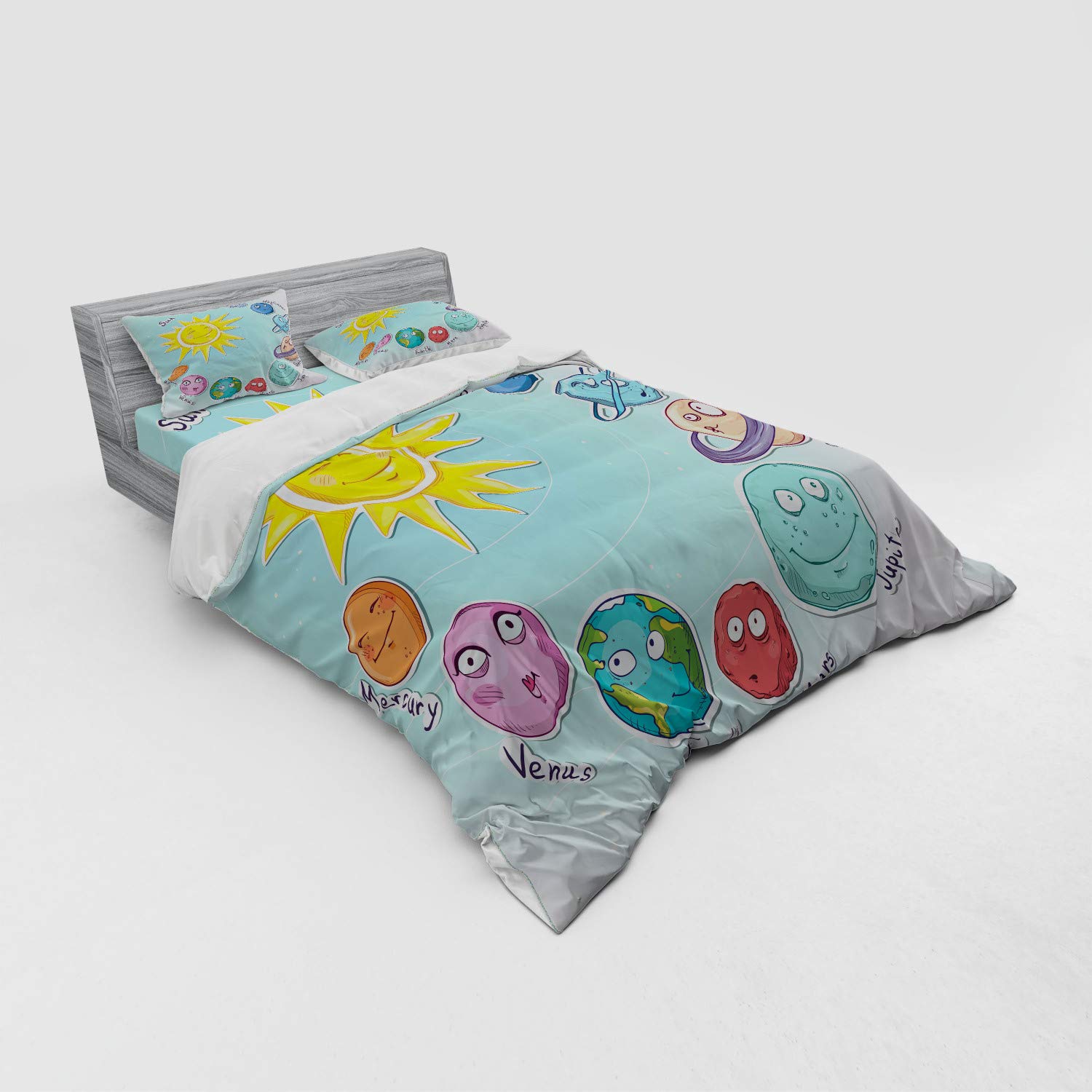 Ambesonne Space Themed Bedding Set - 3 Piece Queen Size Duvet Cover with Sham & Fitted Sheet, Solar System Planets & Celestial Chart Design, Multicolor - Perfect for Kids' Rooms, Astronomy Lovers & Themed Bedrooms
