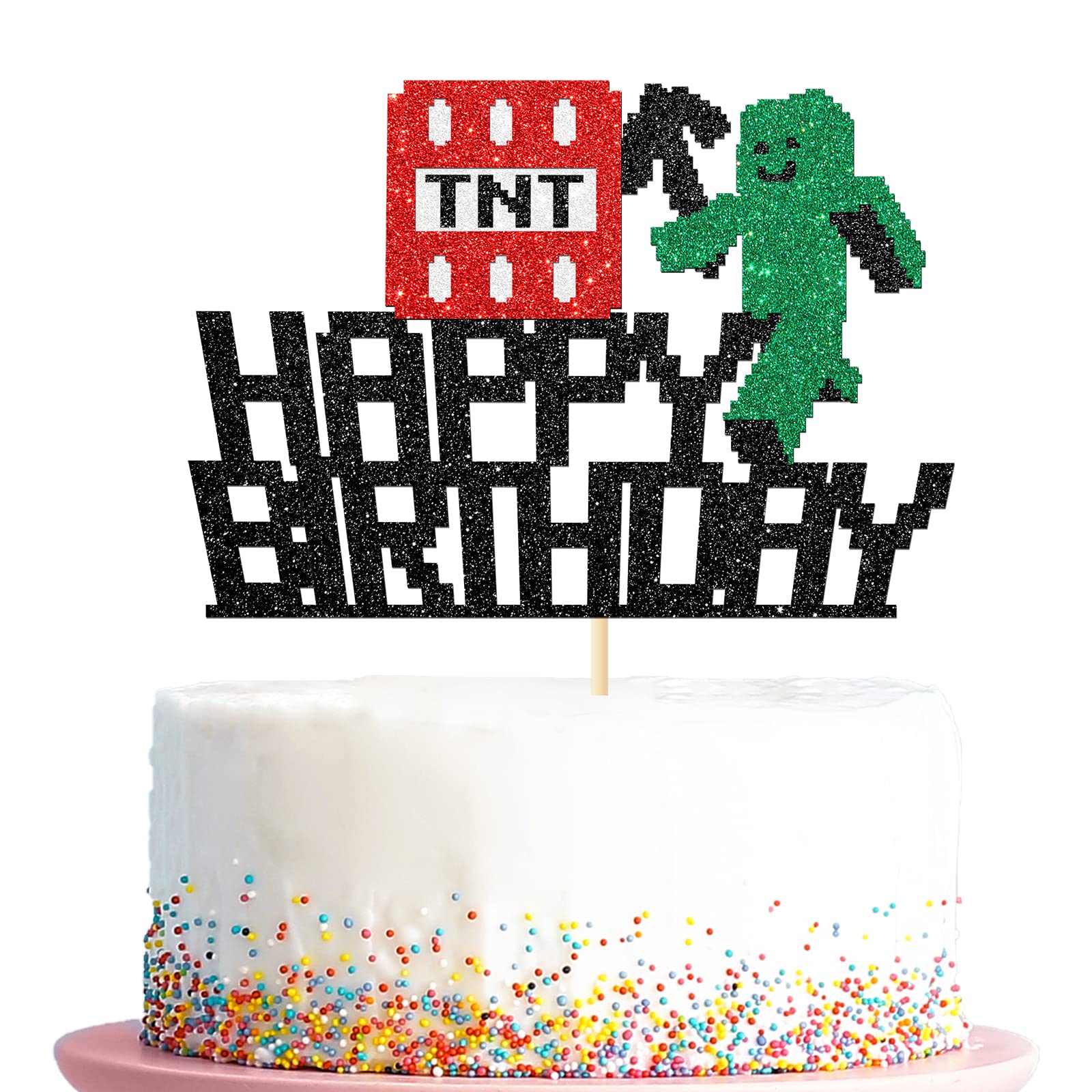 Pixel Style Happy Birthday Cake Topper - Block Video Game Themed Cake Decorations for Kids (Boys & Girls) - Perfect for Minecraft Birthday Parties & Gaming Themed Celebrations