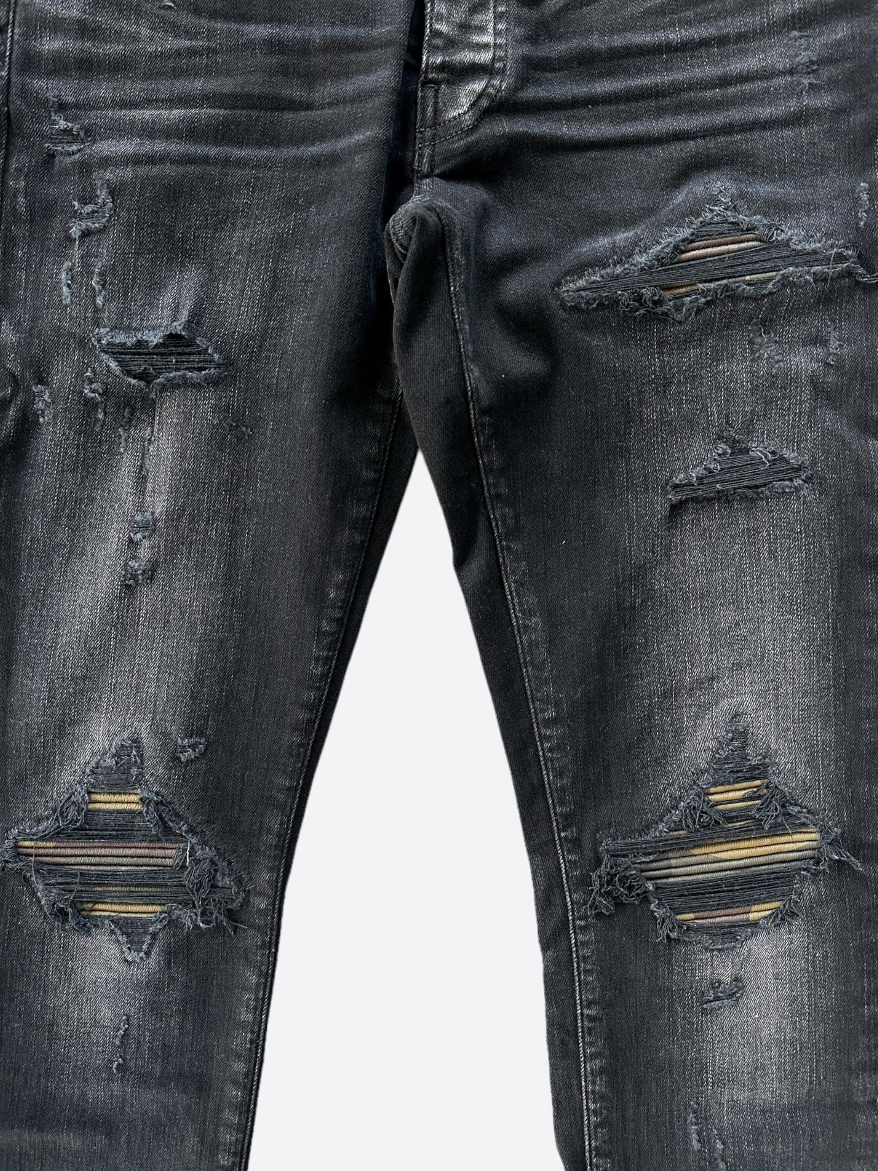 Amiri Aged Black Camouflage Patch MX1 Jeans for Men - Distressed Slim Fit Denim Pants | Streetwear & Casual Style
