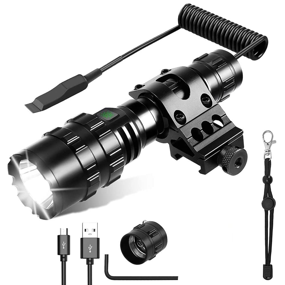 Rechargeable 100000 Lumen Tactical Flashlight with Rail Mount - Super Bright LED Weapon Light, 5 Modes, Waterproof, Includes Pressure Switch - Perfect for Hunting, Camping & Outdoor Adventures
