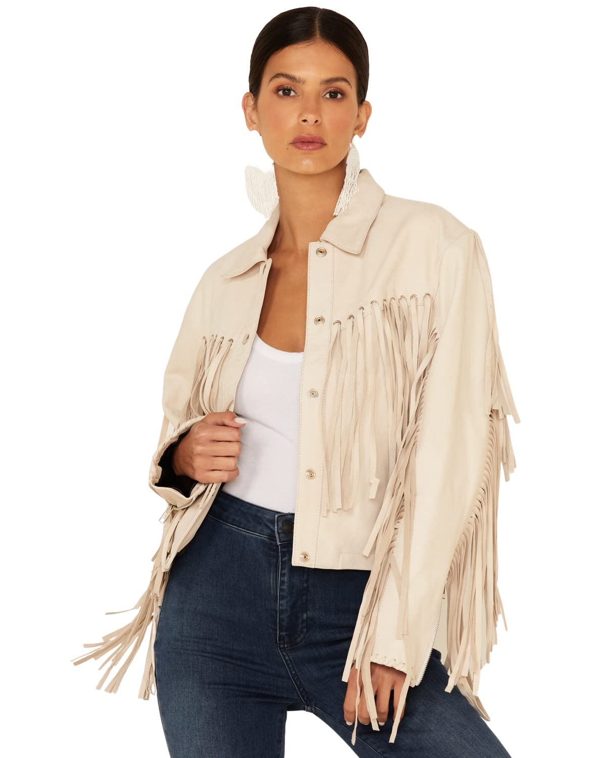 Stylish Women's Natural Leather Mustang Fringe Snap-Front Jacket | Western Biker Chic Outerwear for Casual Wear & Outdoor Adventures
