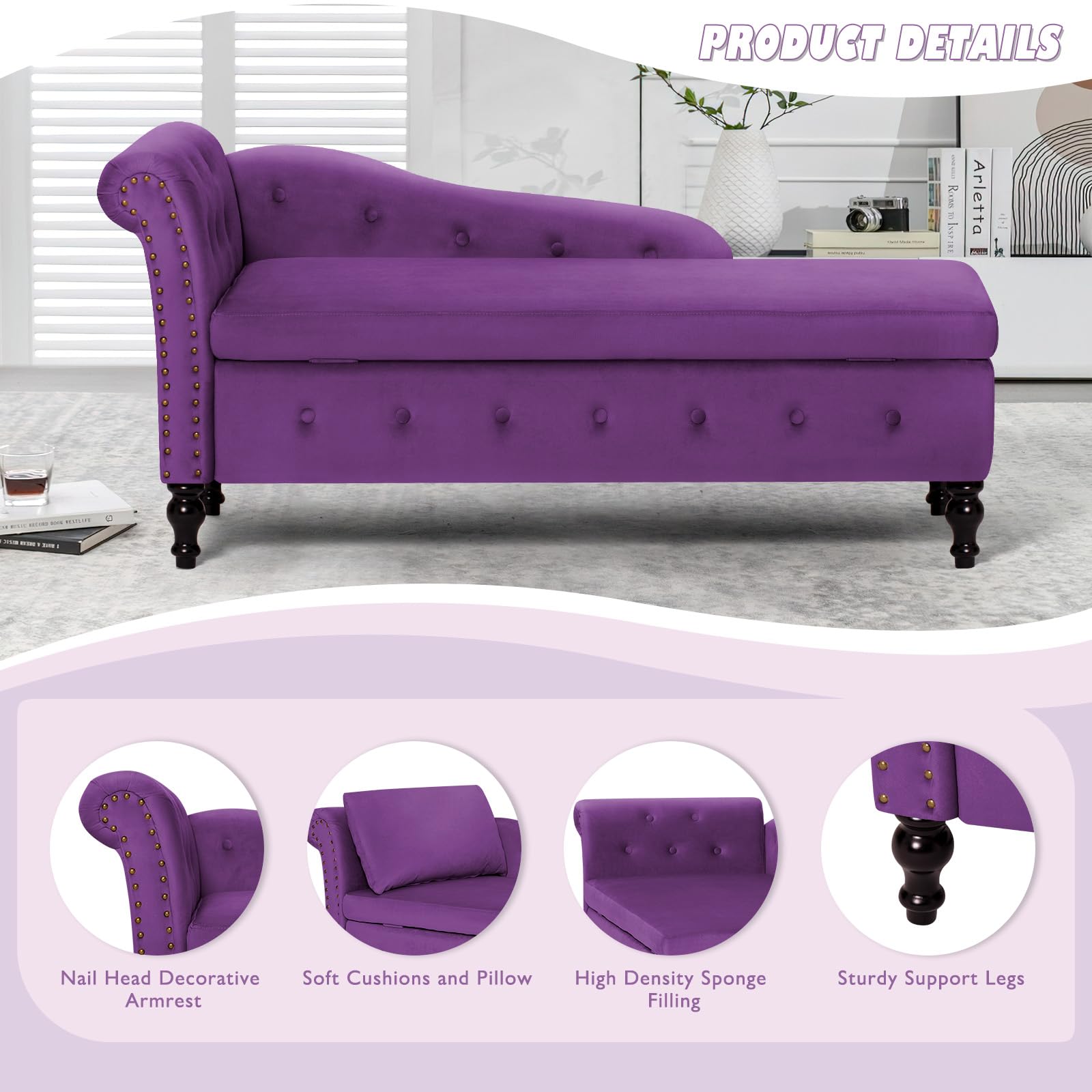 Luxury Upholstered Chaise Lounge with Left Armrest & Lumbar Support - Button Tufted Velvet Sofa with Storage - Modern Lounge Chair for Bedroom, Living Room & Office (Purple) - Perfect for Relaxation, Reading & Small Space Decor