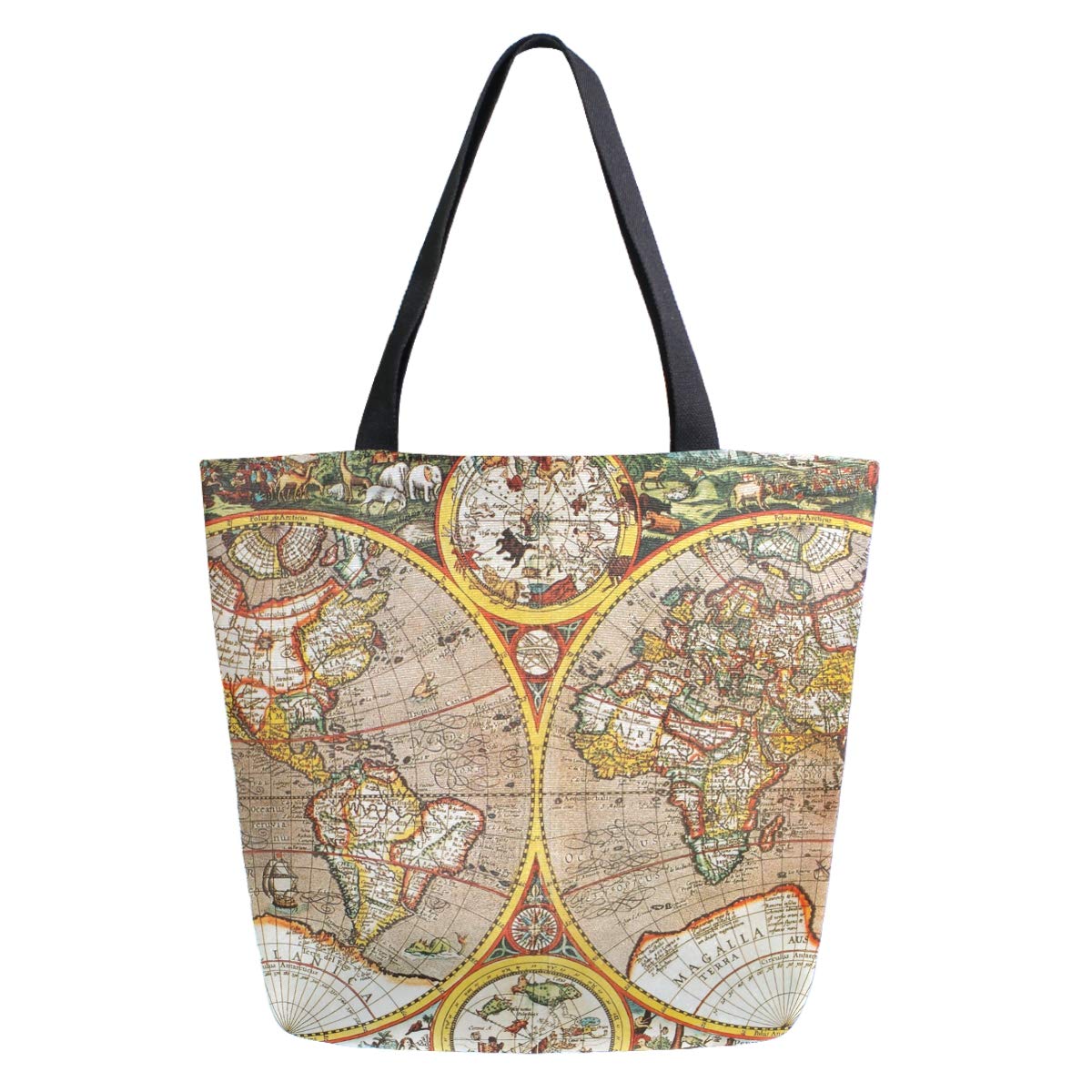 Vintage World Map Print Canvas Tote Bag - Extra Large Reusable Grocery Shopping Bag for Travel, Beach & Daily Use - Portable Shoulder Handbag for Women & Men