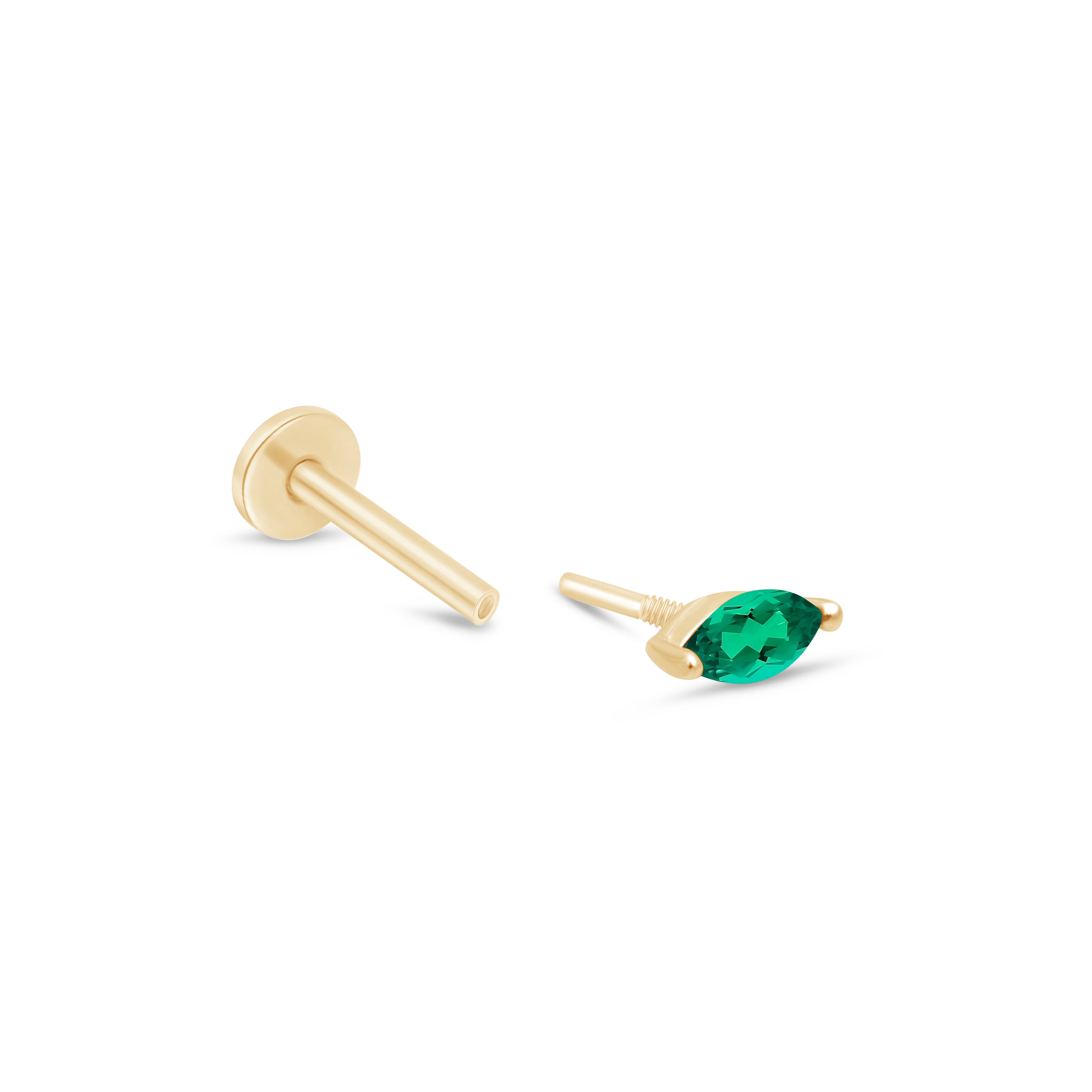 14K Yellow Gold Marquise Emerald Flat Back Stud Earrings - Elegant Dainty Jewelry for Women, Perfect for Everyday Wear & Special Occasions