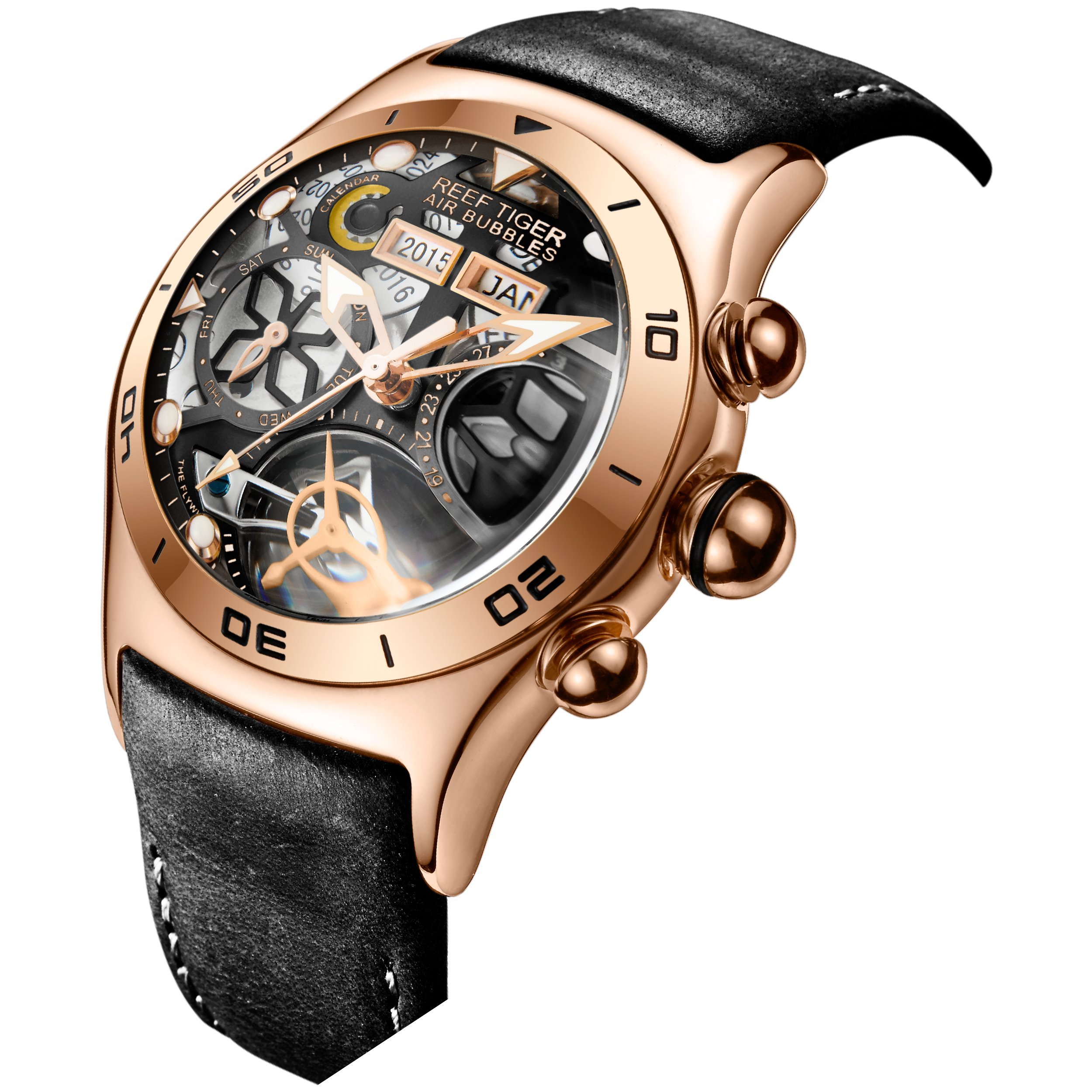REEF TIGER Men's Luxury Sport Watch - Rose Gold Skeleton Tourbillon Quartz Chronograph with Multi-Functional Dial (Model RGA703-YGB) | Perfect for Business, Formal Events & Outdoor Activities