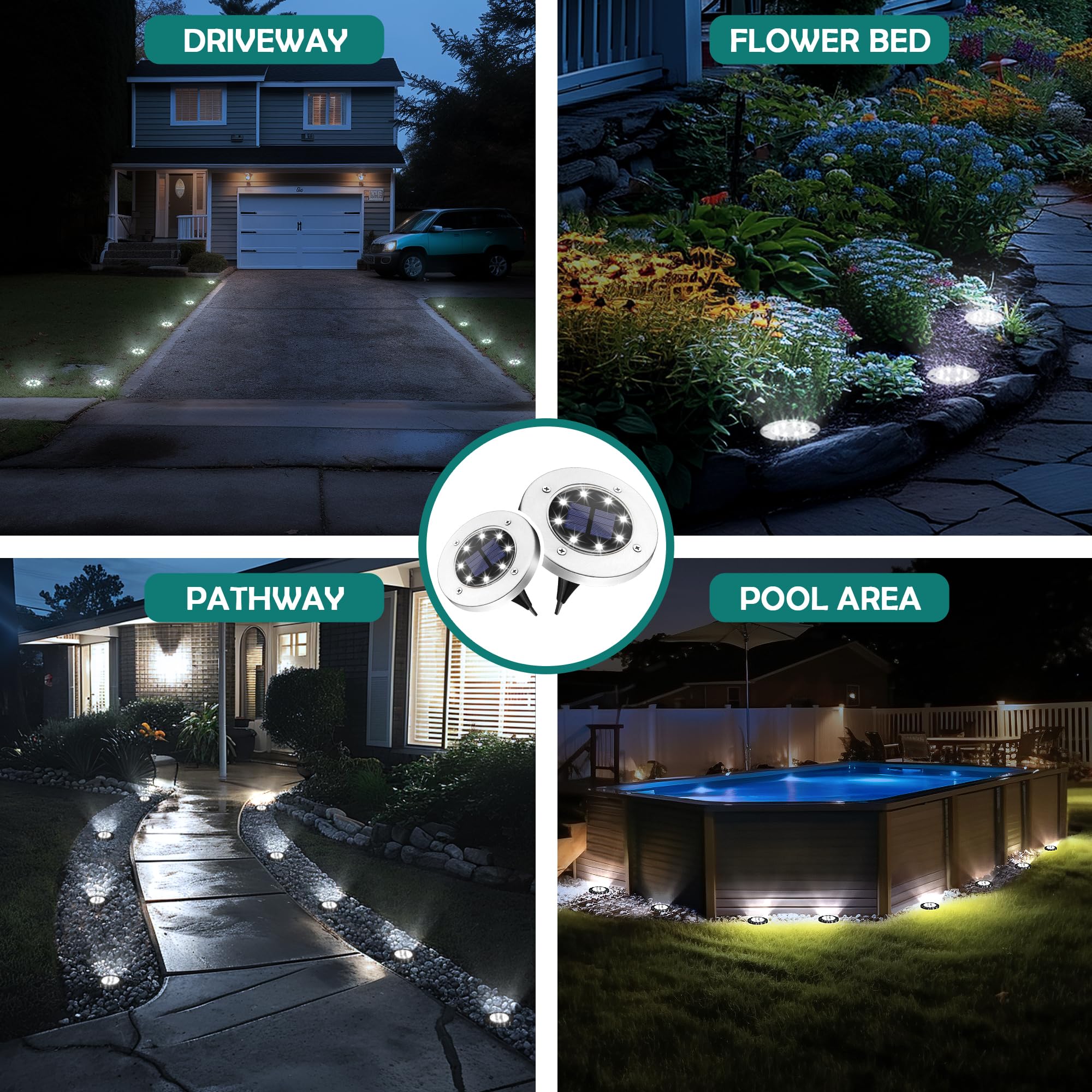12 Pack Solar Ground Lights Outdoor Waterproof - Solar Powered Garden Pathway Lights for Yard, Patio, Driveway & Walkway | Cool White LED Landscape Lighting for Nighttime Safety & Ambience