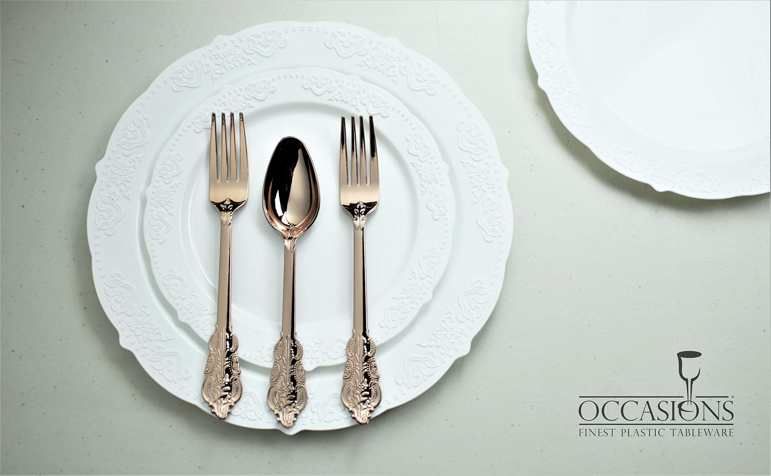 960-Piece Vintage Wedding Party Disposable Plastic Plates & Cutlery Set - 120x10.25'' Dinner Plates, 120x7.5'' Dessert Plates, Silverware, Silver Rim Cups & Napkins (Portofino Plain White) - Perfect for Weddings, Bridal Showers, Anniversaries & Large Gatherings