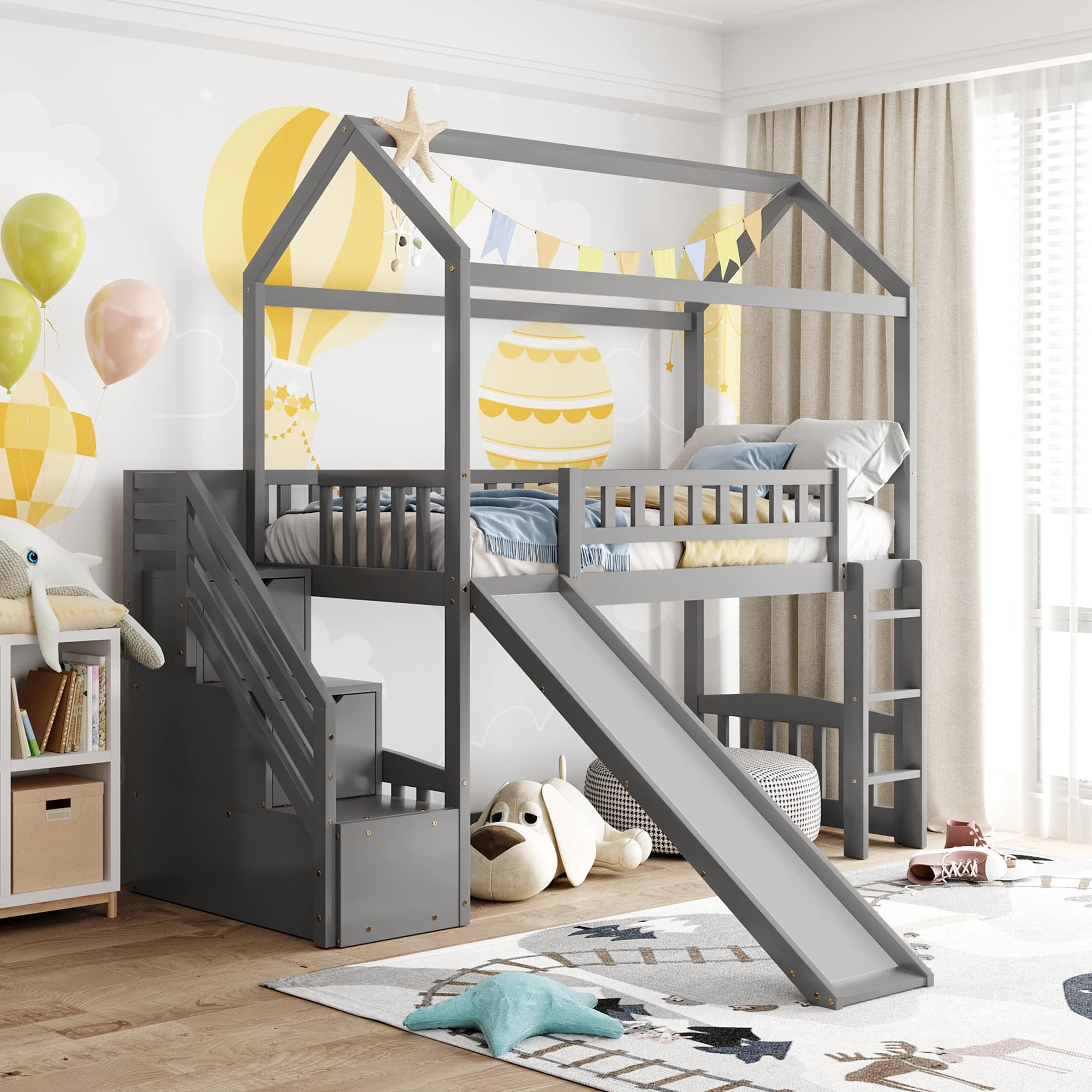 **Kids Loft Bed with Slide & Storage Drawers - Twin Size Wooden Playhouse Bed with Stairway for Boys & Girls - Perfect for Small Bedrooms & Playrooms (Gray)**