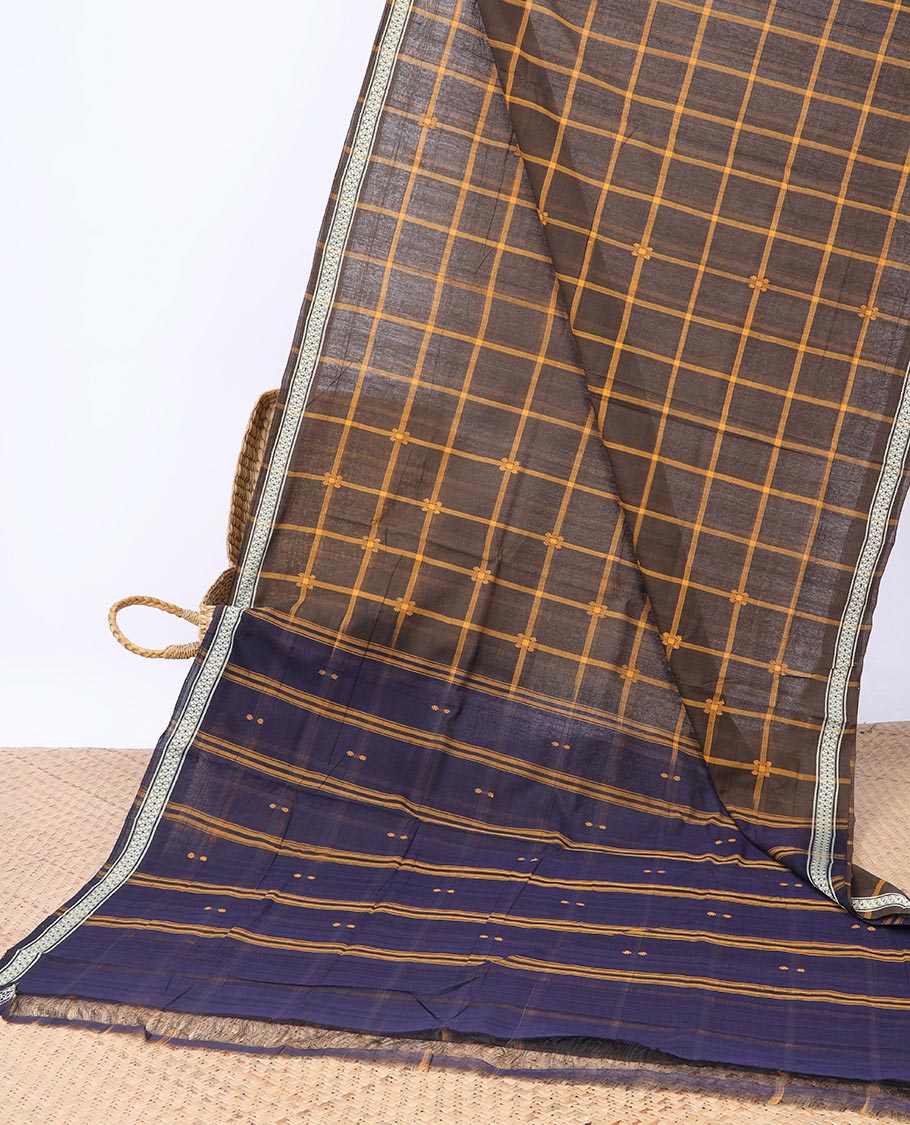 Stylish Andhra Cotton Saree with Checkered Pattern, Unique Border Design & Contrast Striped Pallu - Perfect for Weddings, Festivals and Cultural Events