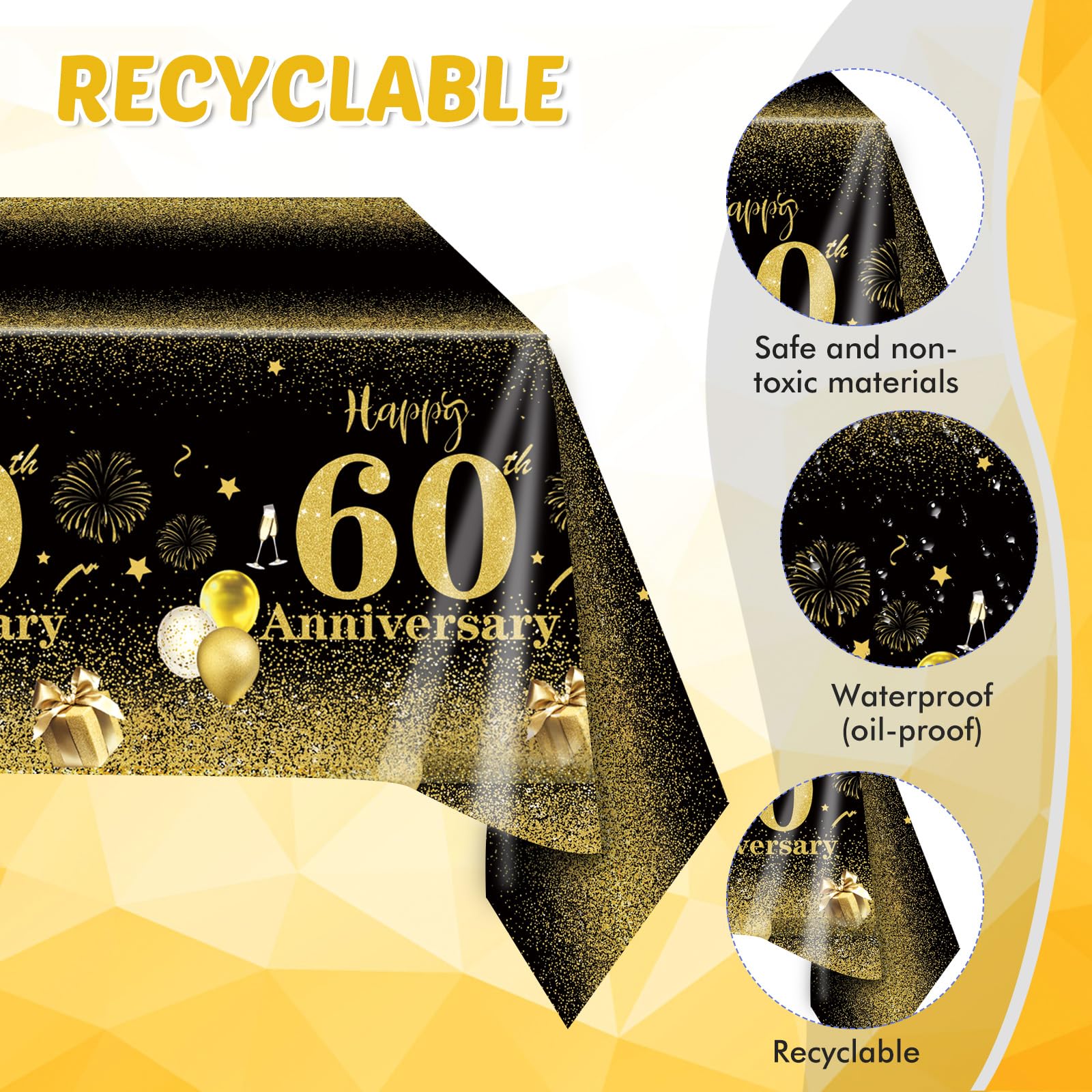 60th Wedding Anniversary Decorations Set - 41 PCS Black & Gold Party Supplies with Plates, Napkins, Tablecloth - Diamond Anniversary Party Favors for Men & Women - Perfect for 60th Birthday Celebrations, Retirement Parties & Milestone Events