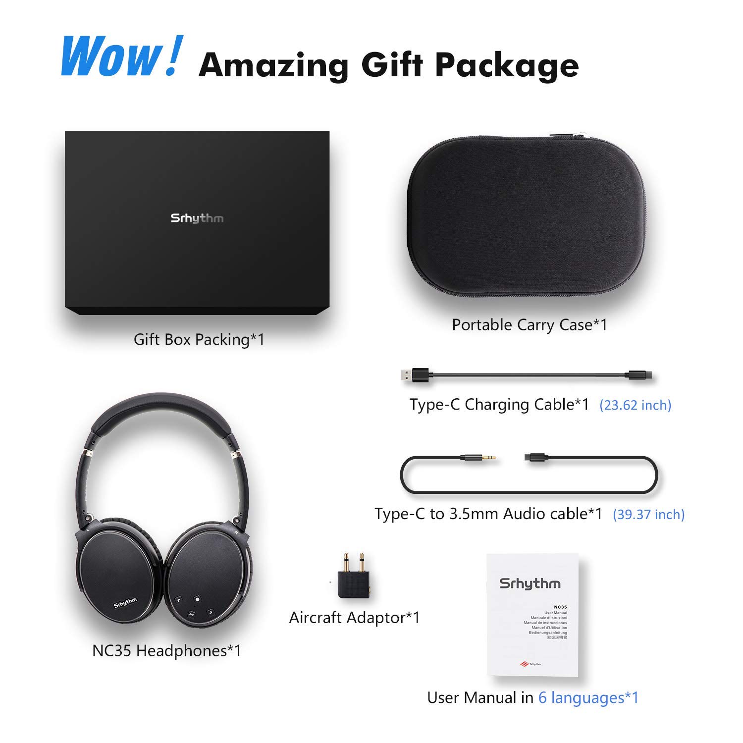 Srhythm NC35 Active Noise Cancelling Wireless Bluetooth 5.0 Headphones - Over-Ear Foldable Design with Built-in Mic, 50+ Hours Playtime, Multi-Point Connection for Calls | Perfect for Travel, Work & Gaming