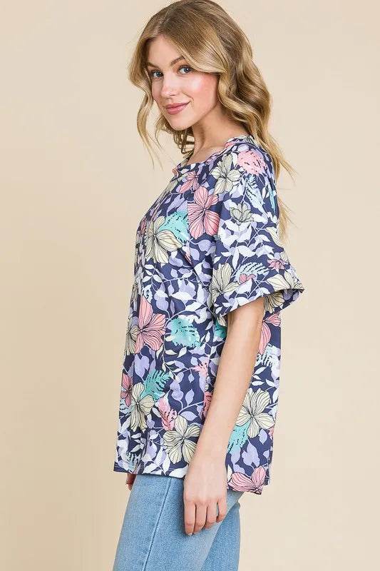 BOMBOM Women's Floral Print Round Neck Short Sleeve T-Shirt - Casual Summer Top for Outing, Beach, and Daily Wear