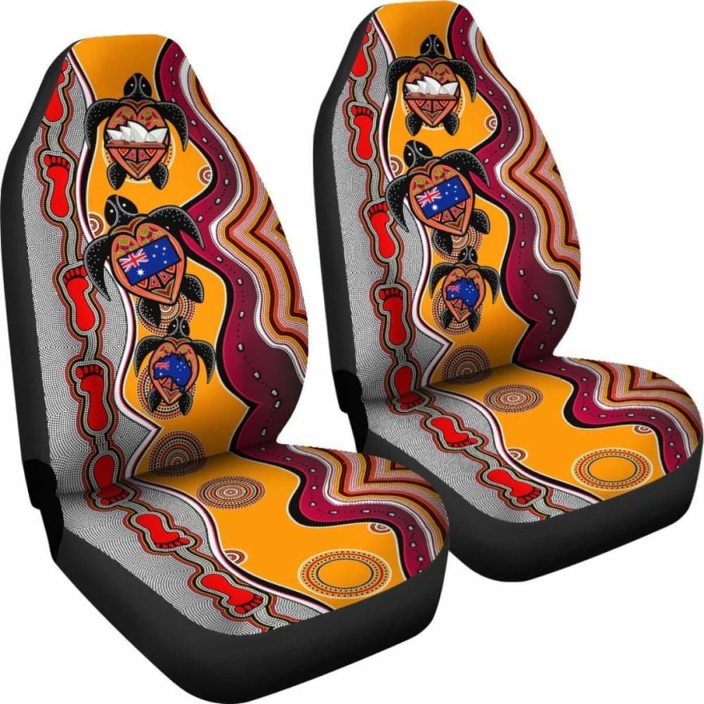 Authentic Australian Aboriginal Car Seat Covers - Turtle & Sydney Opera Dot Painting Design with Flag Footprint | Durable & Stylish for Cars, SUVs & Trucks | Perfect for Road Trips & Daily Commutes