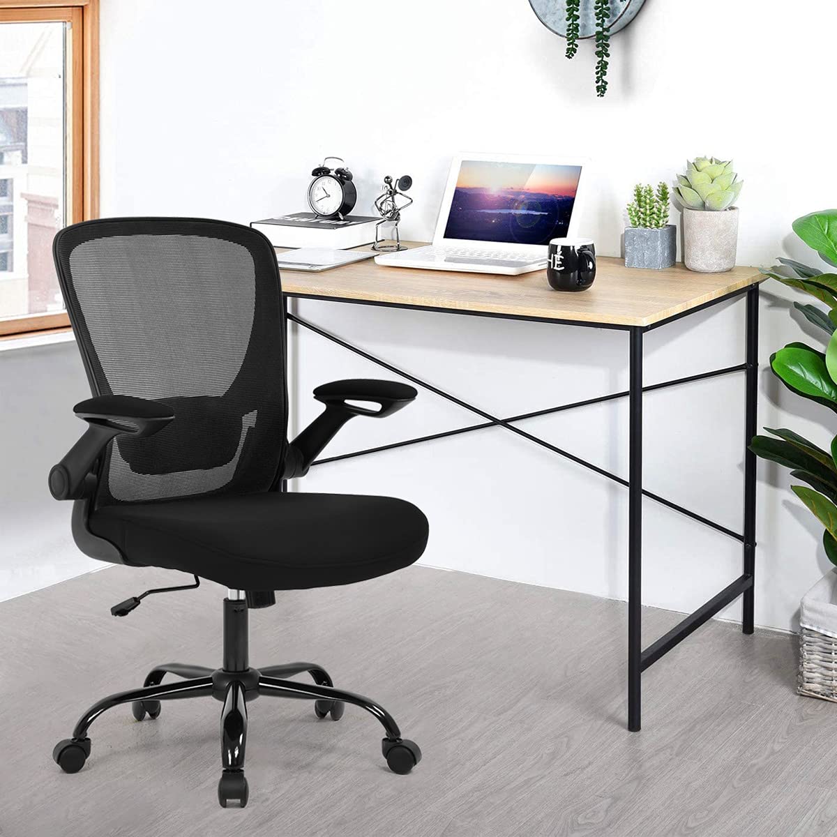 Ergonomic Mesh Office Chair with Lumbar Support & Flip-up Arms for Home & Work - Black