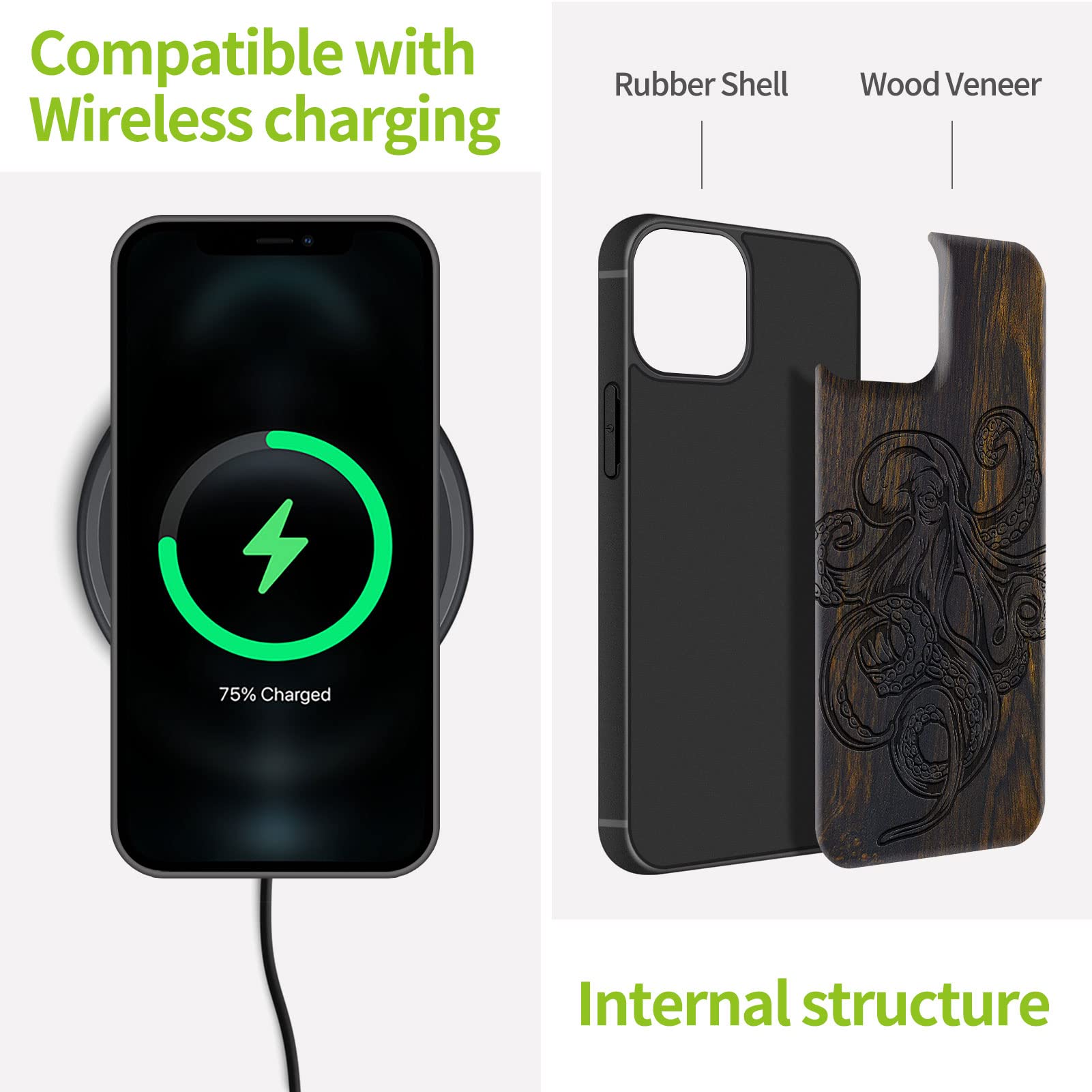 Carveit Magnetic Wooden Case for iPhone 13 Pro Max - Natural Wood & Black TPU Shockproof Protective Cover with MagSafe Compatibility | Octopus Design Blackwood | Perfect for Outdoor, Office & Everyday Use