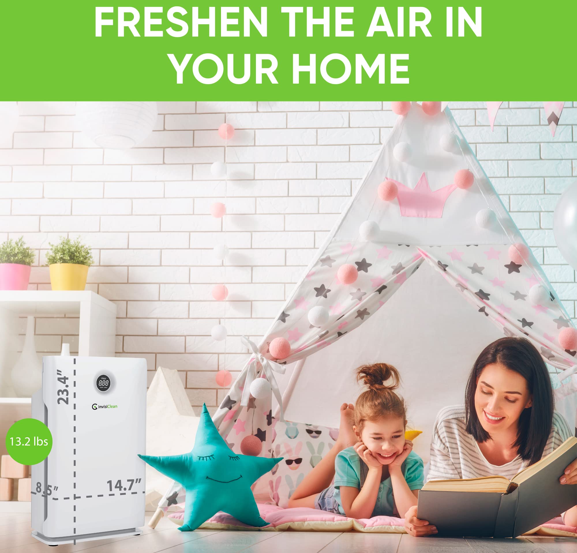 InvisiClean Claro IC-4524 Air Purifier for Large Room up to 1600 Sq Ft - H13 True HEPA Filter, UV Light, Zero Ozone - Removes Smoke, Dust, Pet Hair & Allergens - Ideal for Bedroom, Living Room & Office Use