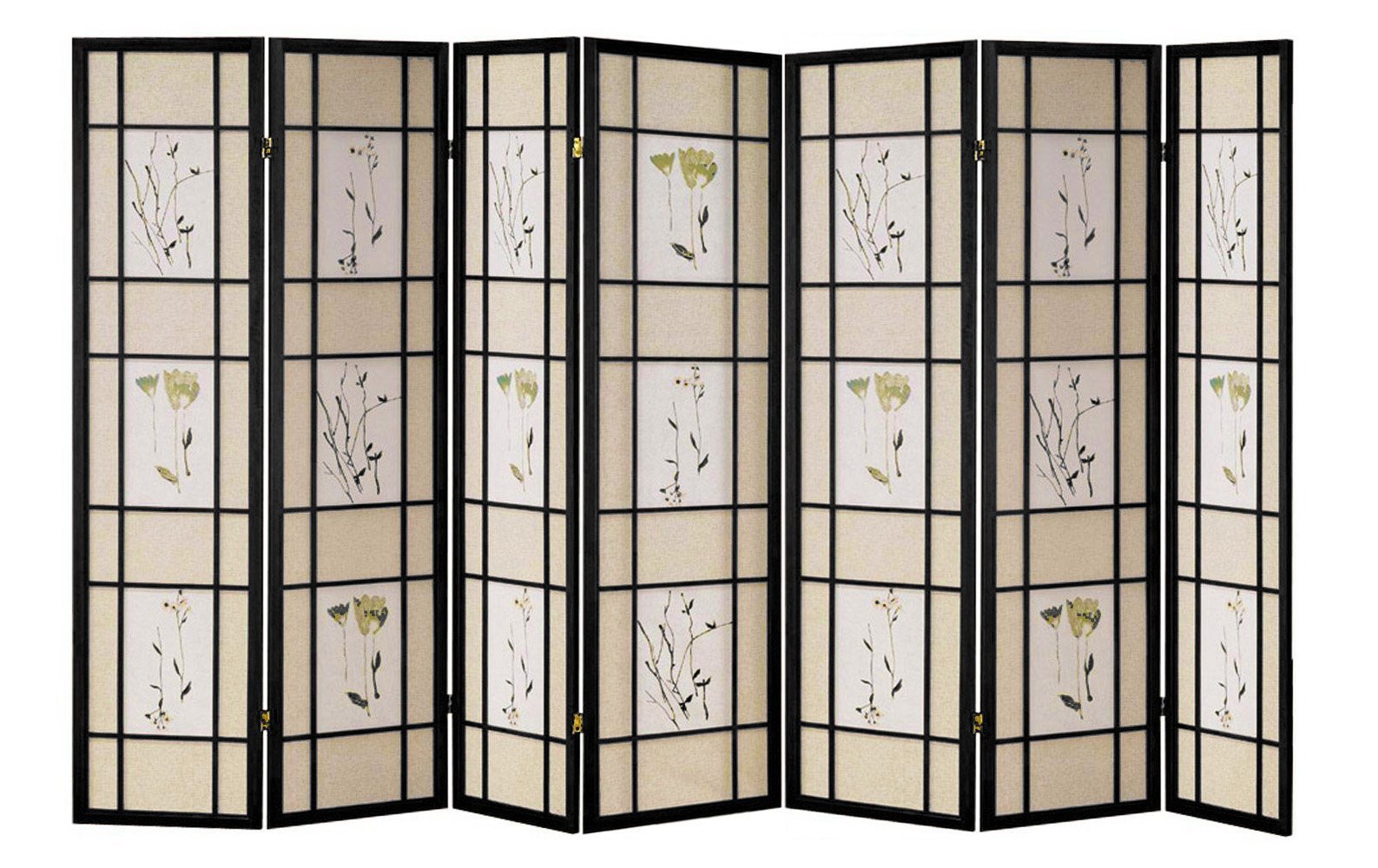 Black 7-Panel Shoji Floral Prints Wood Framed Room Divider Screen - Japanese Style Privacy Partition for Home, Office & Meditation Space