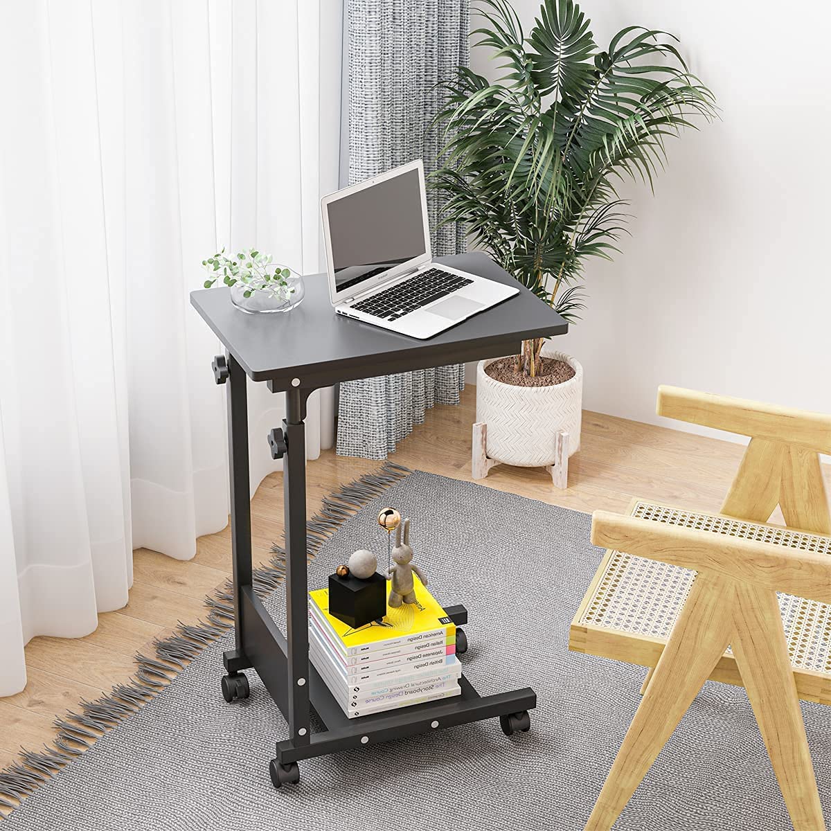 Adjustable Height C-Shaped Side Table with Wheels - Rolling Tray with Storage for Sofa, Bed & Hospital Use - Mobile Laptop Desk for Home Office & Living Room - Perfect as Bedside Table, Computer Desk & Nursing Table